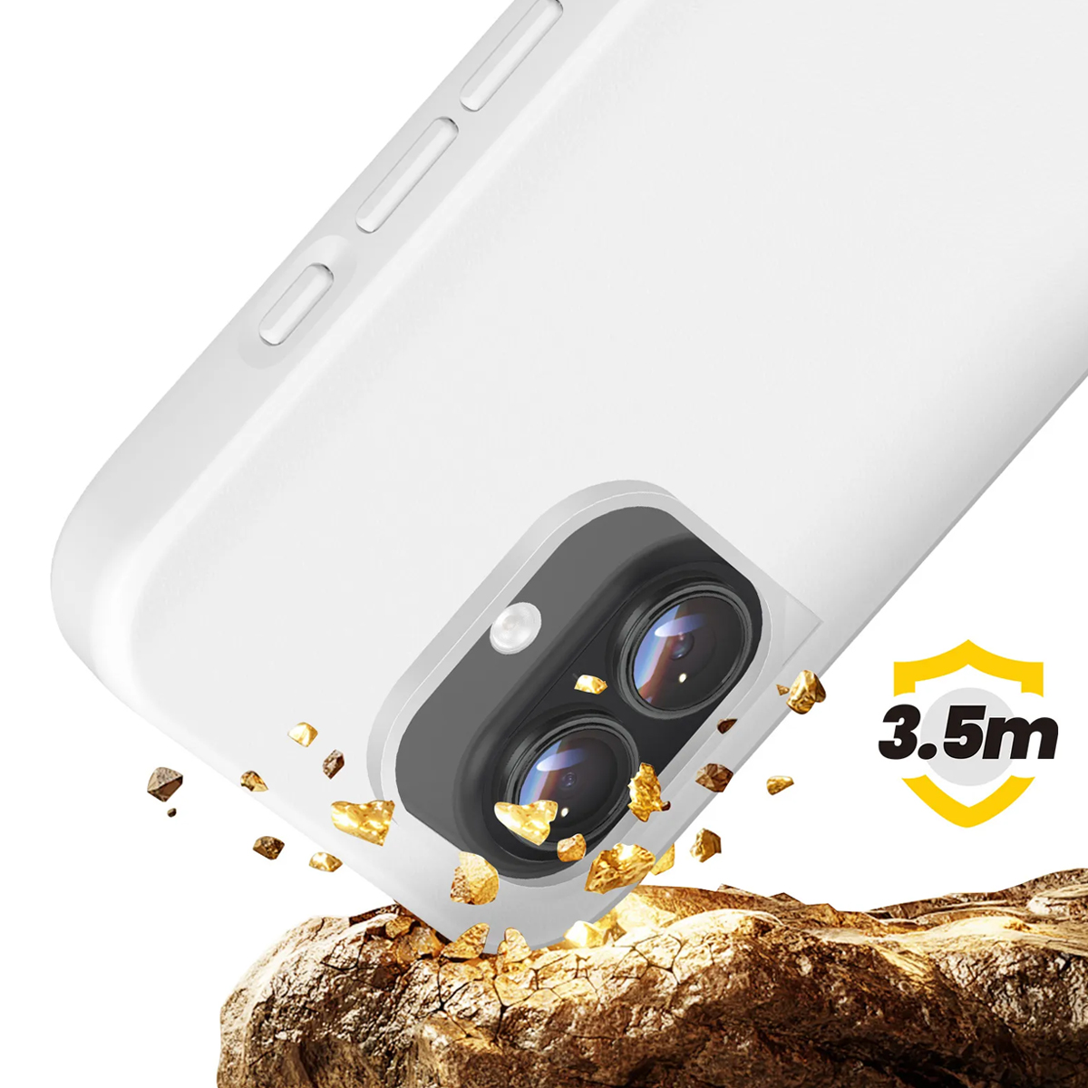 Una custodia bianca per telefono con modulo fotocamera cade su rocce marroni.