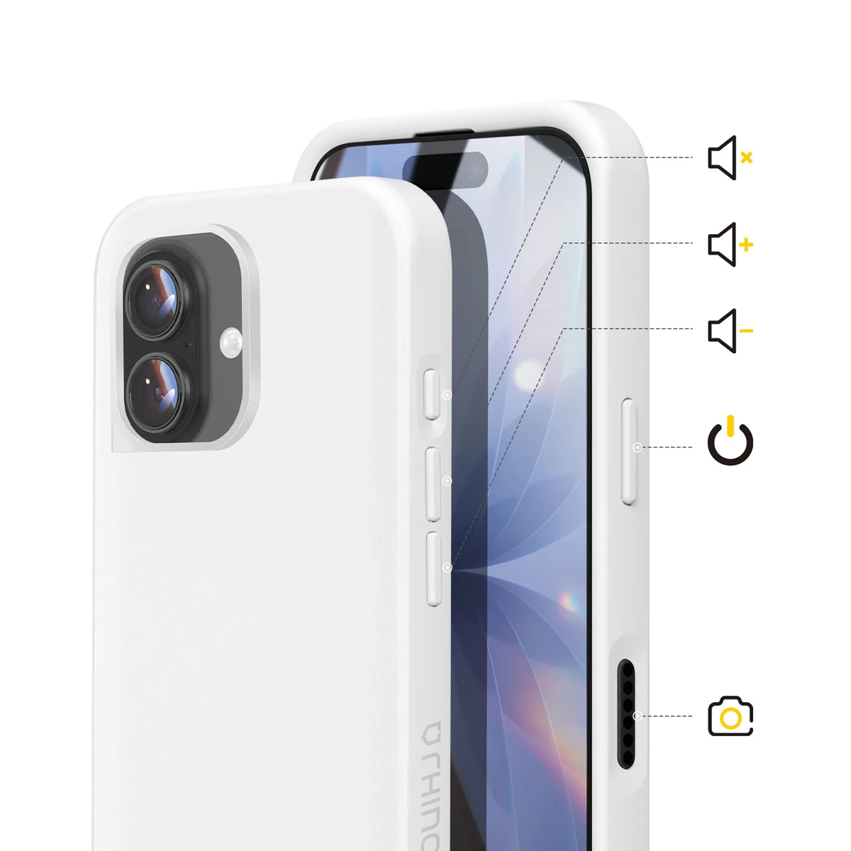 Custodia bianca per telefono con ritagli fotocamera e pulsanti laterali. Icone mostrano volume e accensione.