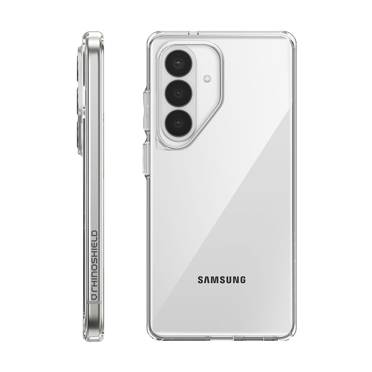 Un set di custodie trasparenti per telefono, vista laterale e posteriore di uno smartphone.
