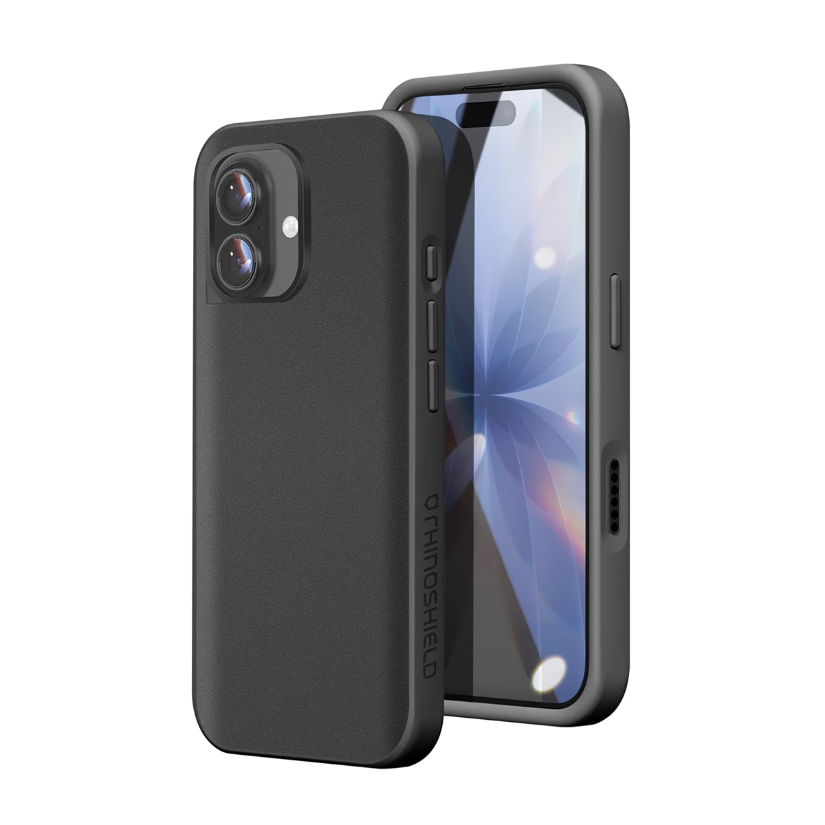 Un iPhone nero in custodia nera con doppia fotocamera e schermo visibile.