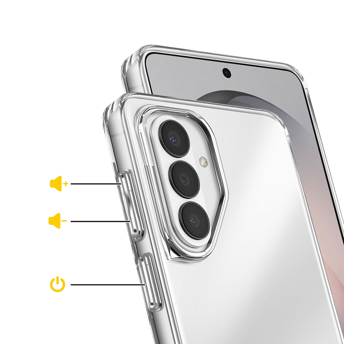 Doorzichtige hoes toont volume- en aan/uit-knoppen van een smartphone.
