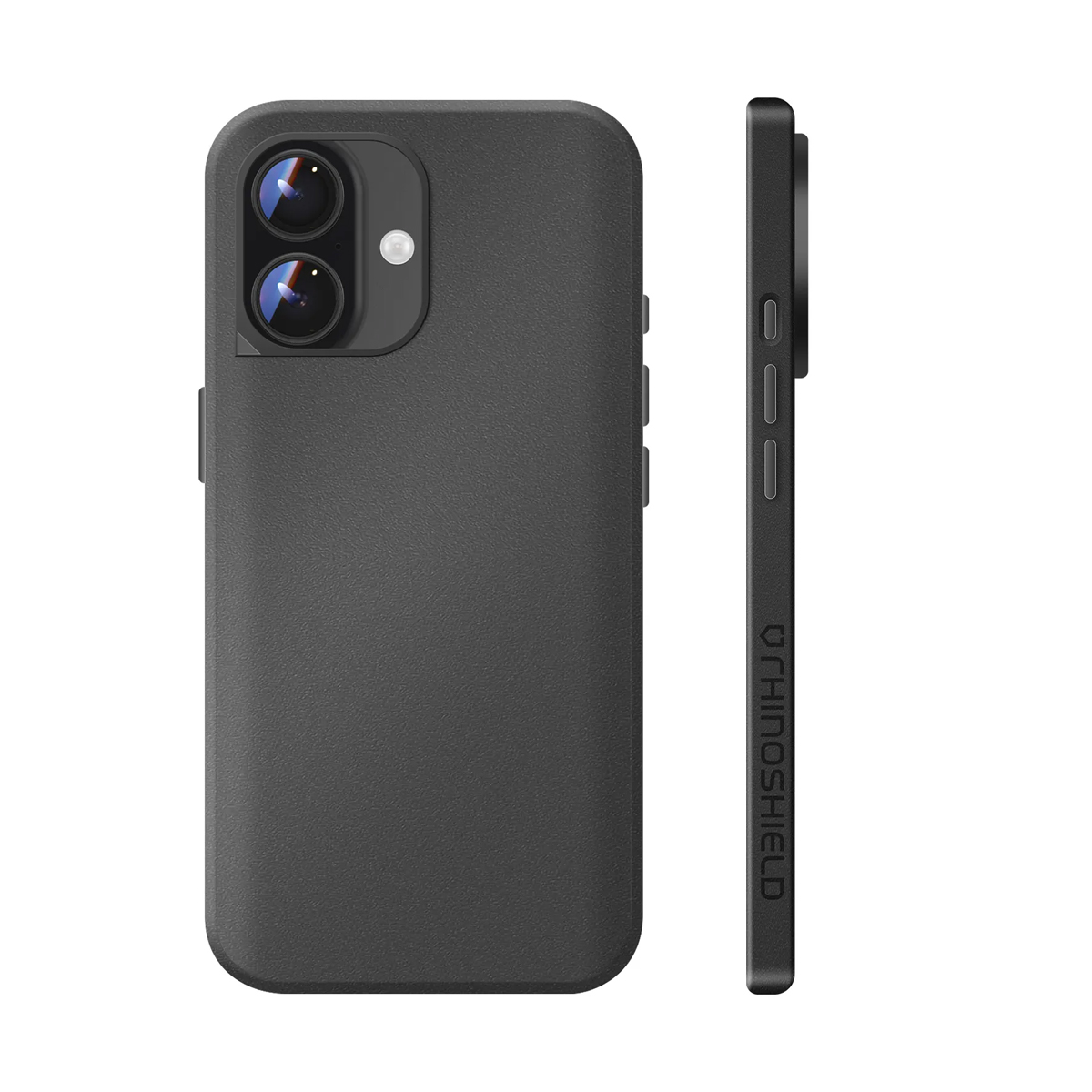 Cover nera per telefono con doppia fotocamera e logo RHINOSHIELD.