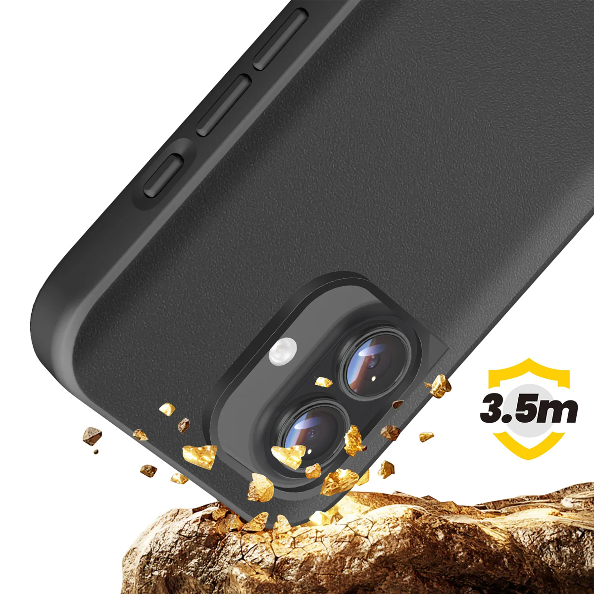 Custodia nera per telefono cade su rocce, con particelle dorate e sigillo di protezione 3,5 m.