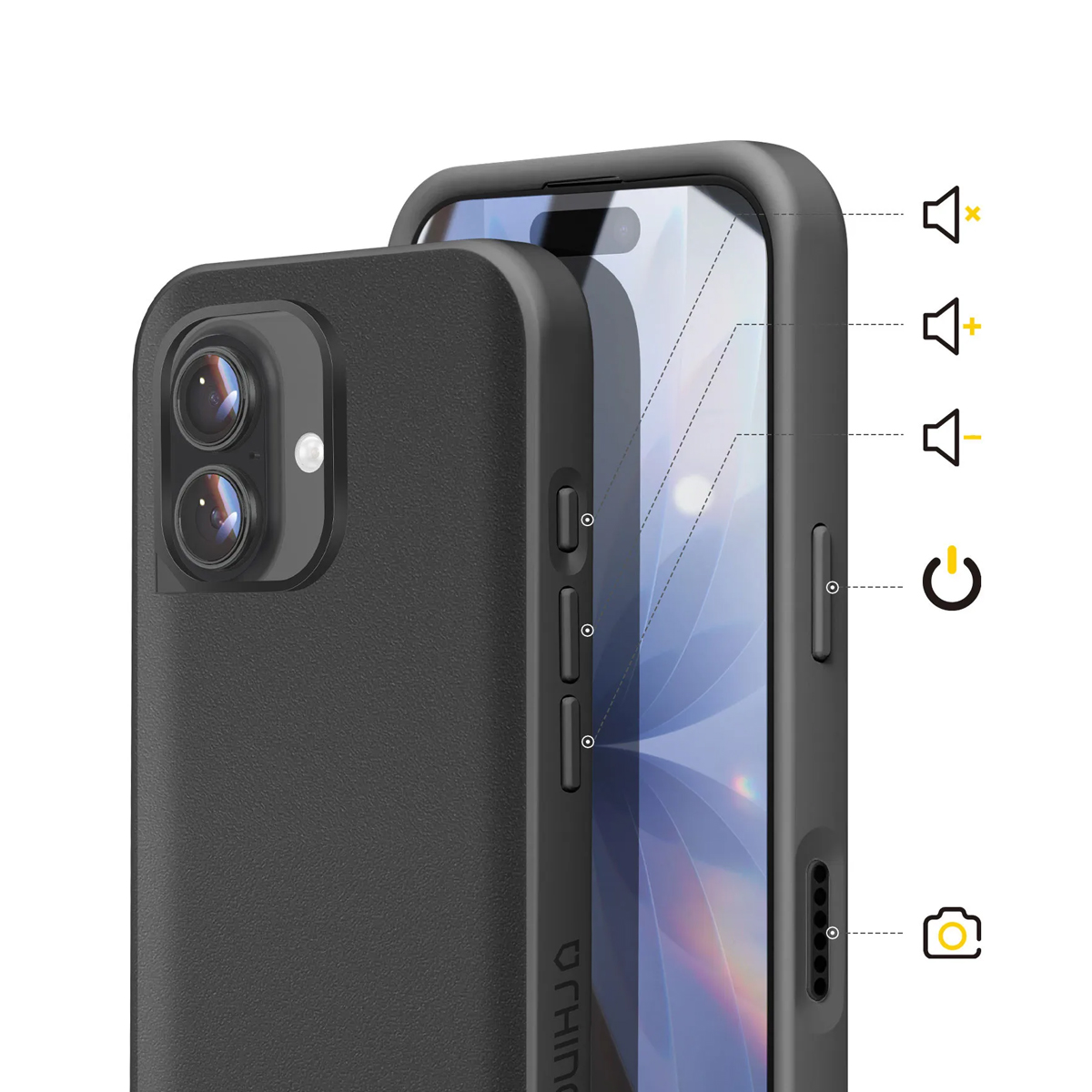 Custodia nera per telefono con protezione fotocamera e pulsanti. Controllo volume, tasto accensione.