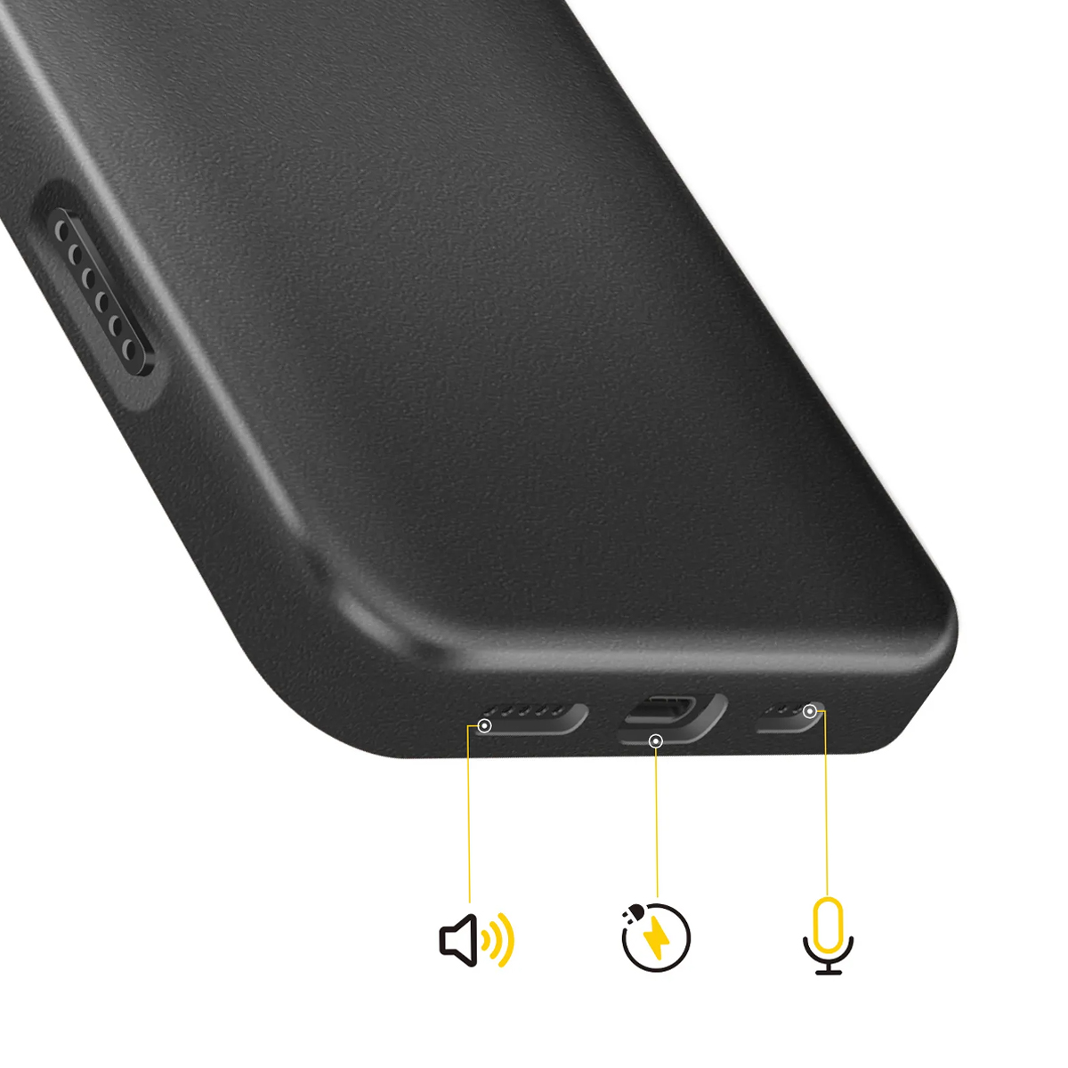 Cover nera per telefono con icone altoparlante, porta di ricarica, microfono.