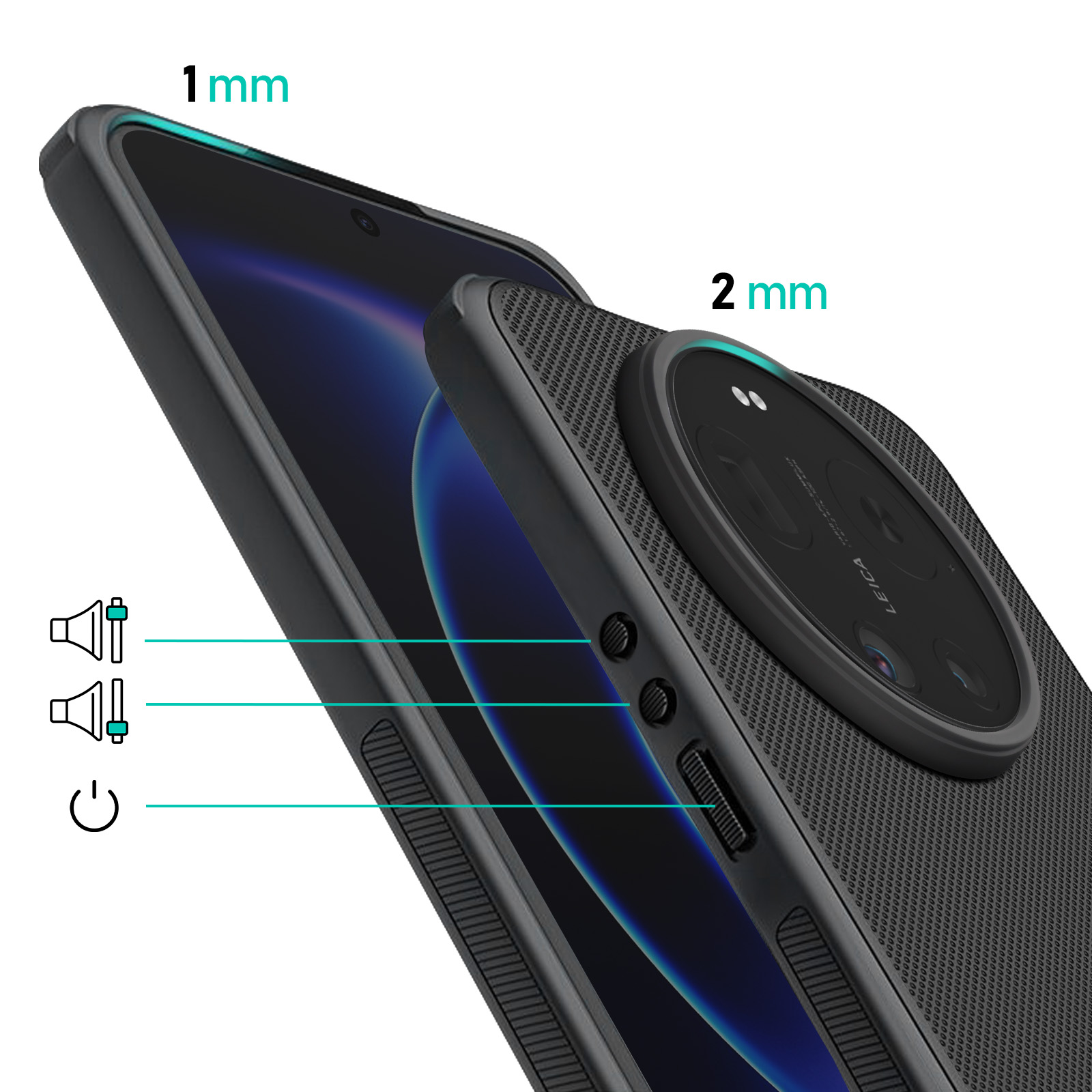 Coque noire pour téléphone avec bords relevés de 1 mm et 2 mm.