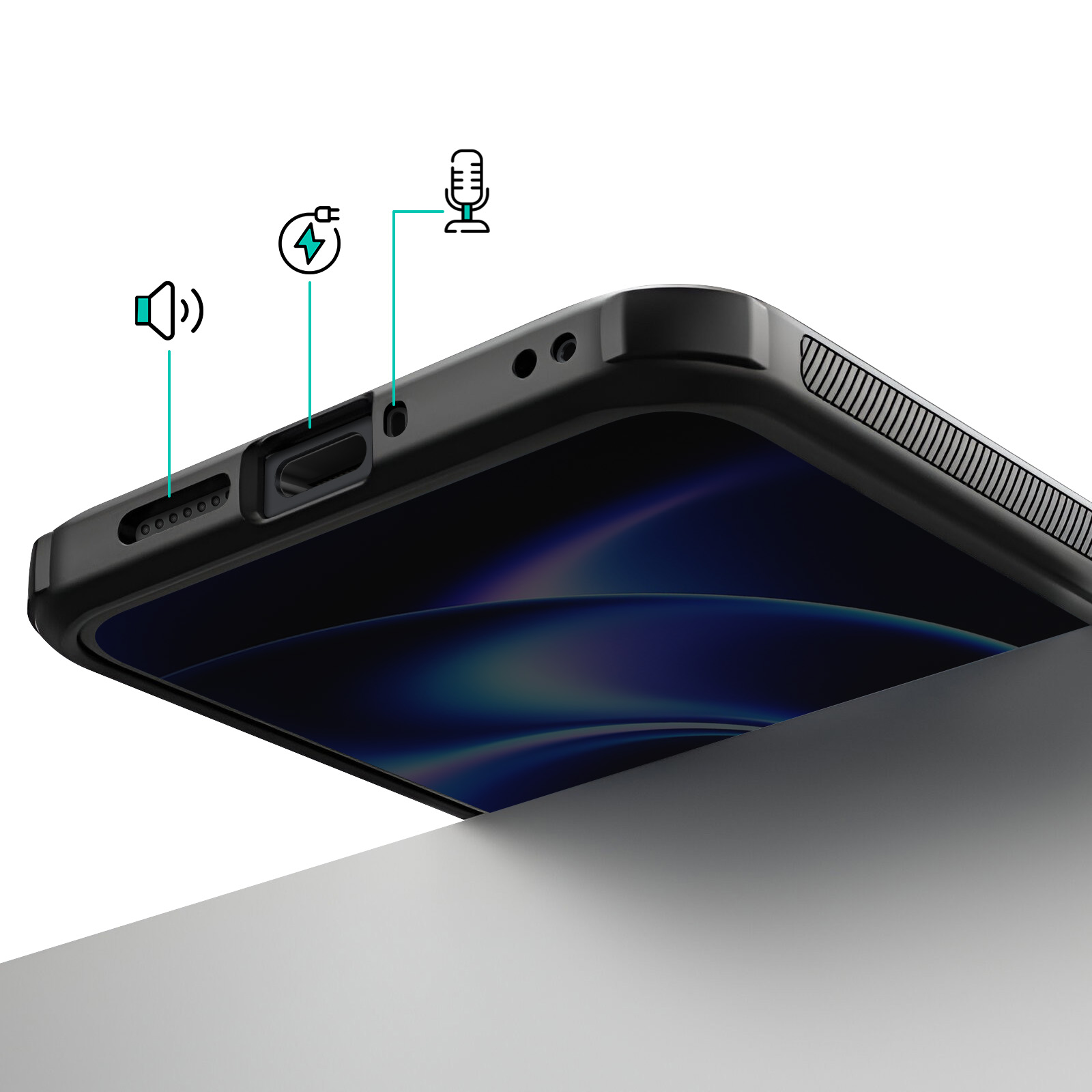 Gros plan d'un téléphone noir montrant les icônes de haut-parleur, de charge et de microphone.