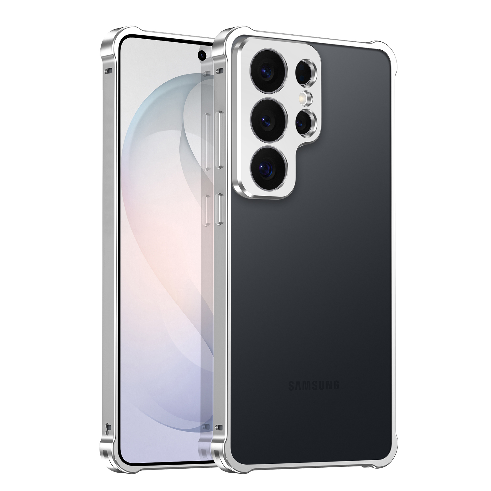 Cornice argentata attorno a uno smartphone con retro trasparente e quattro fotocamere.