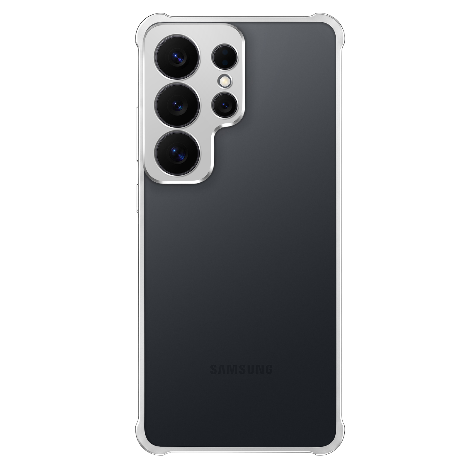Uno smartphone Samsung scuro con quattro fotocamere e cornice argentata.