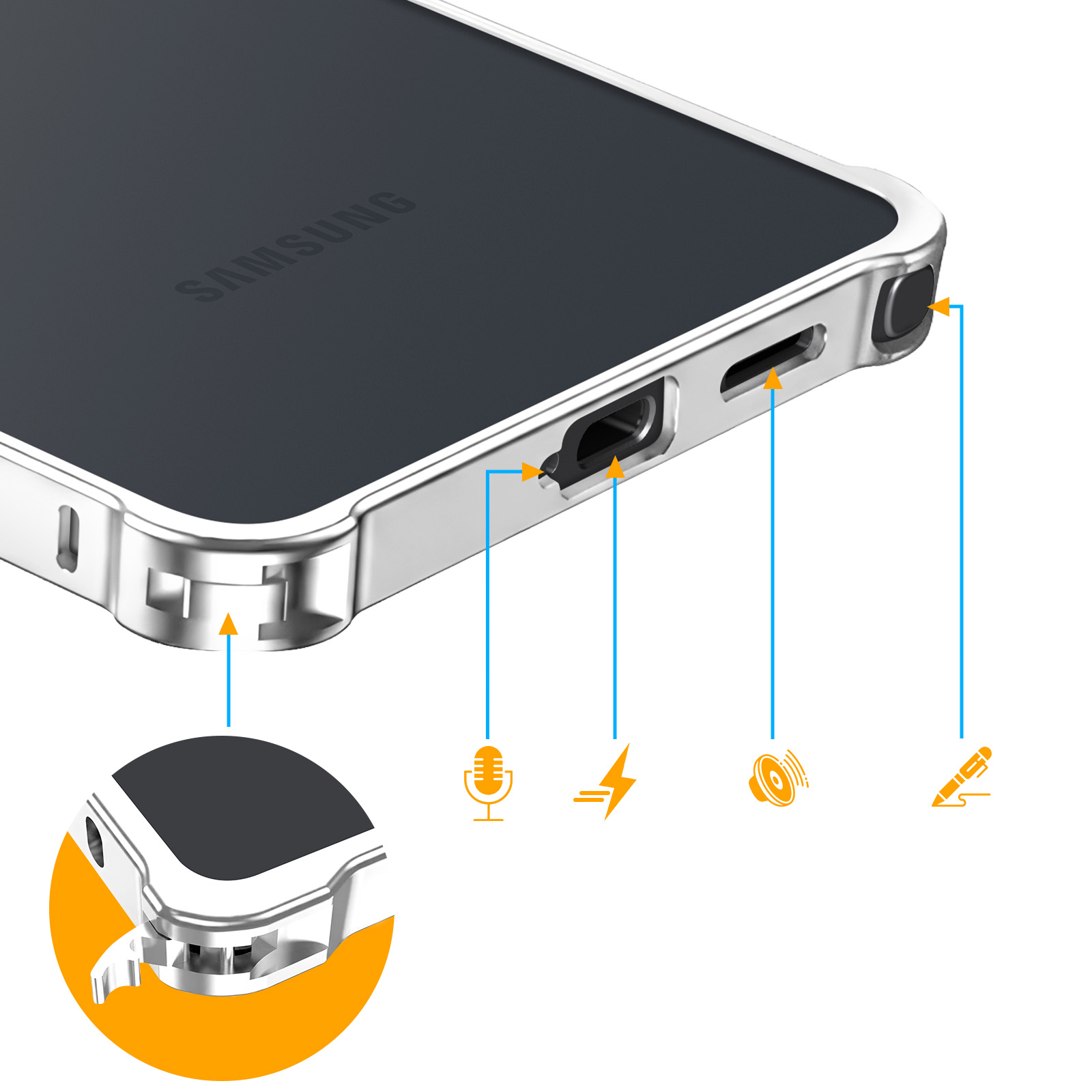 Custodia Samsung con porte etichettate: microfono, ricarica, altoparlante, S-Pen.