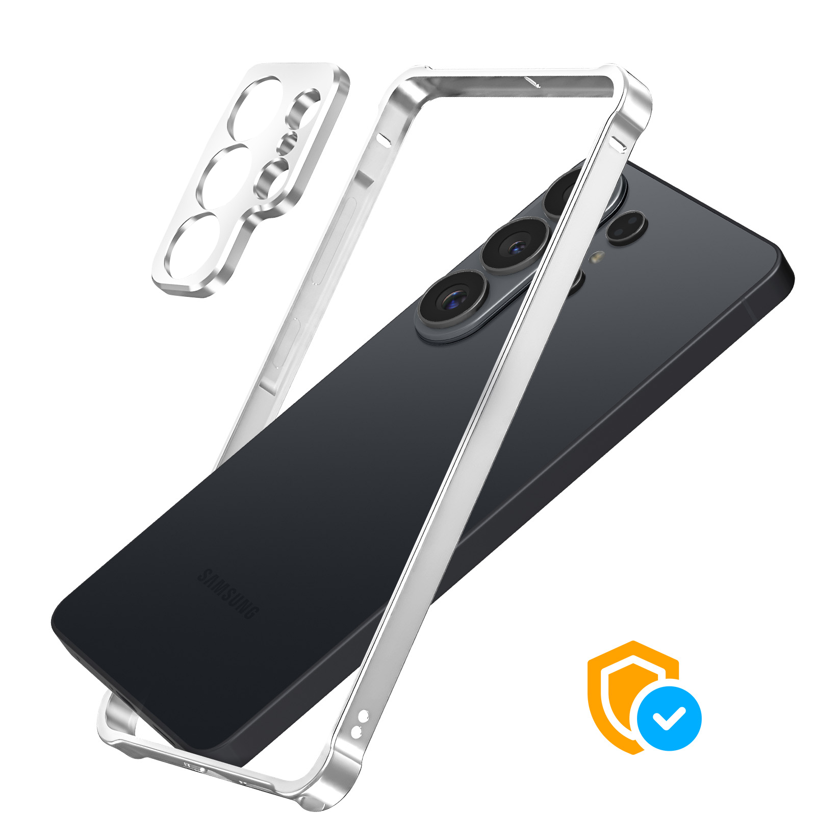 Una cornice argentata per telefono circonda un telefono nero con tre fotocamere.