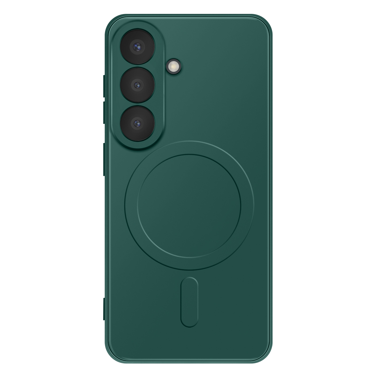 Donkergroene telefoonhoes met drie cameralenzen en flitser. Magneetring zichtbaar.