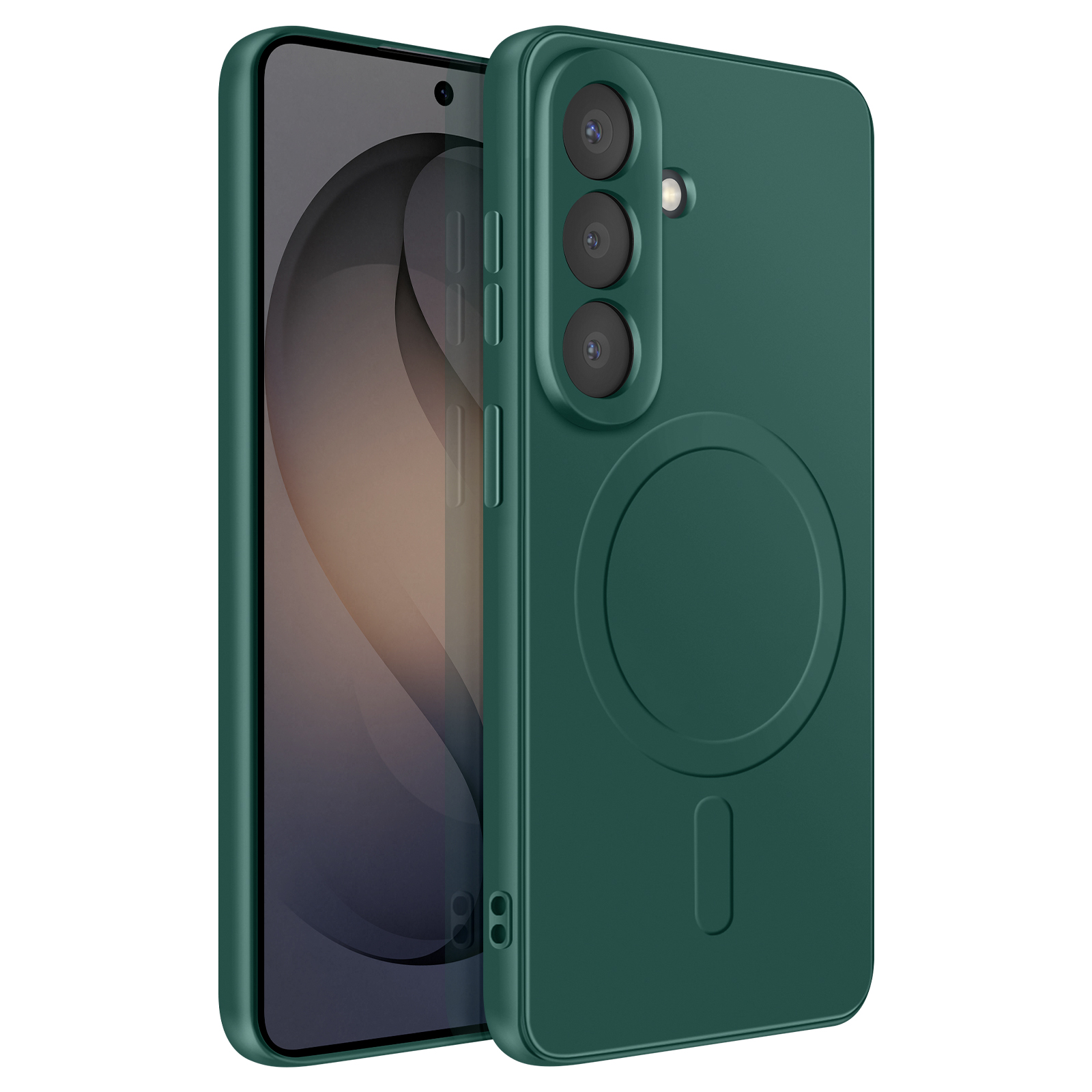 Donkergroen telefoon met drie cameralenzen en een cirkelvormig accent.