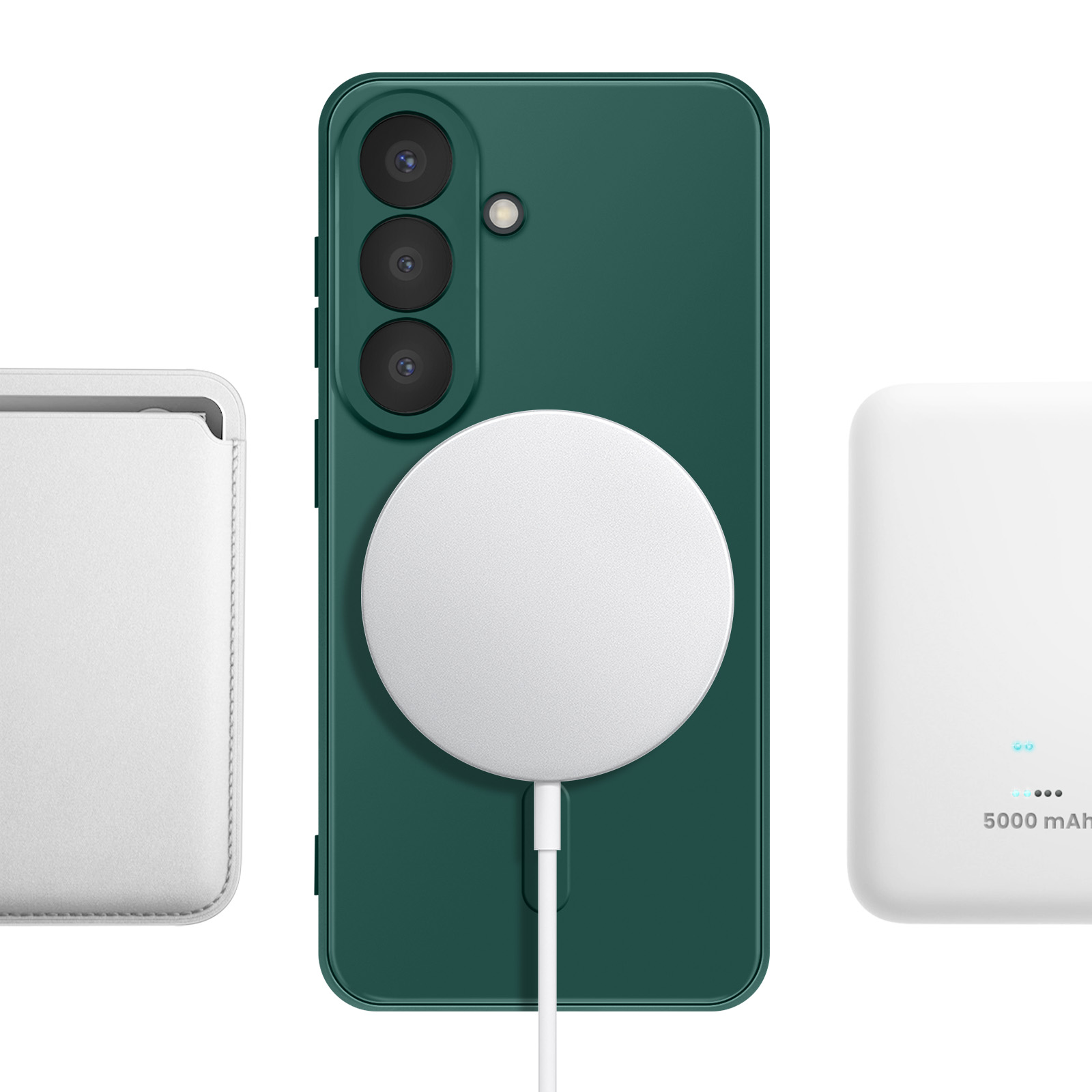 Een groene telefoon met drie camera's, verbonden met een witte oplader.