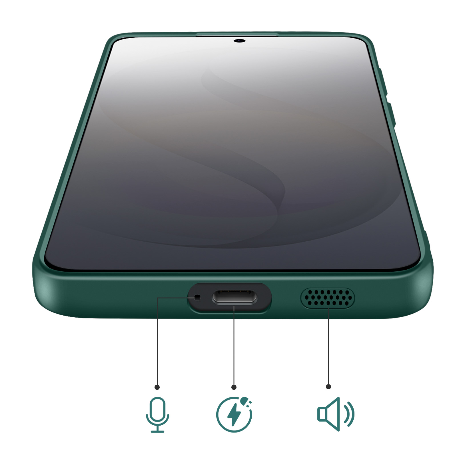 Een donkergroene smartphone met USB-C-poort, microfoon- en luidsprekerpictogrammen.