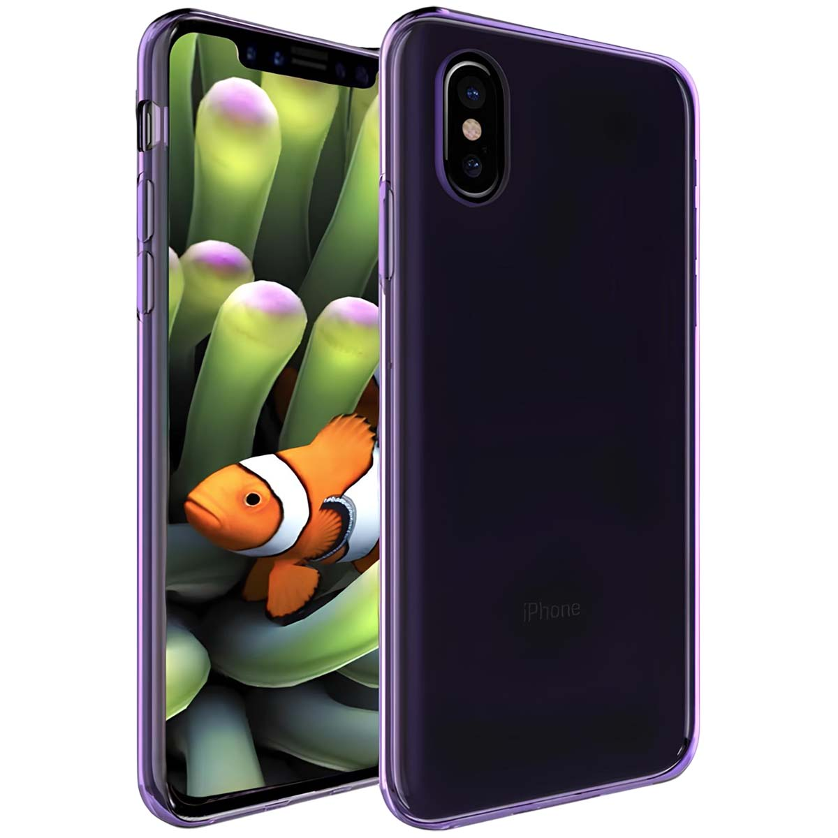 Lila iPhone-Hülle mit Clownfisch-Hintergrund auf dem Bildschirm.