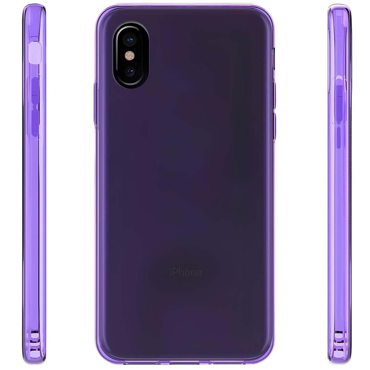 Transparente violette Handyhülle mit doppelter Kamera auf der Rückseite.