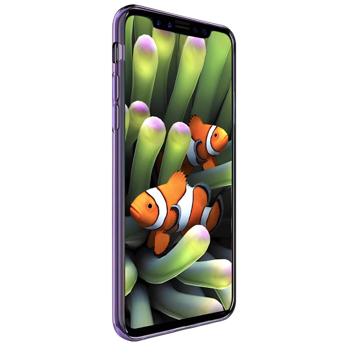 Ein lila Smartphone zeigt zwei Clownfische zwischen grünen Korallen.