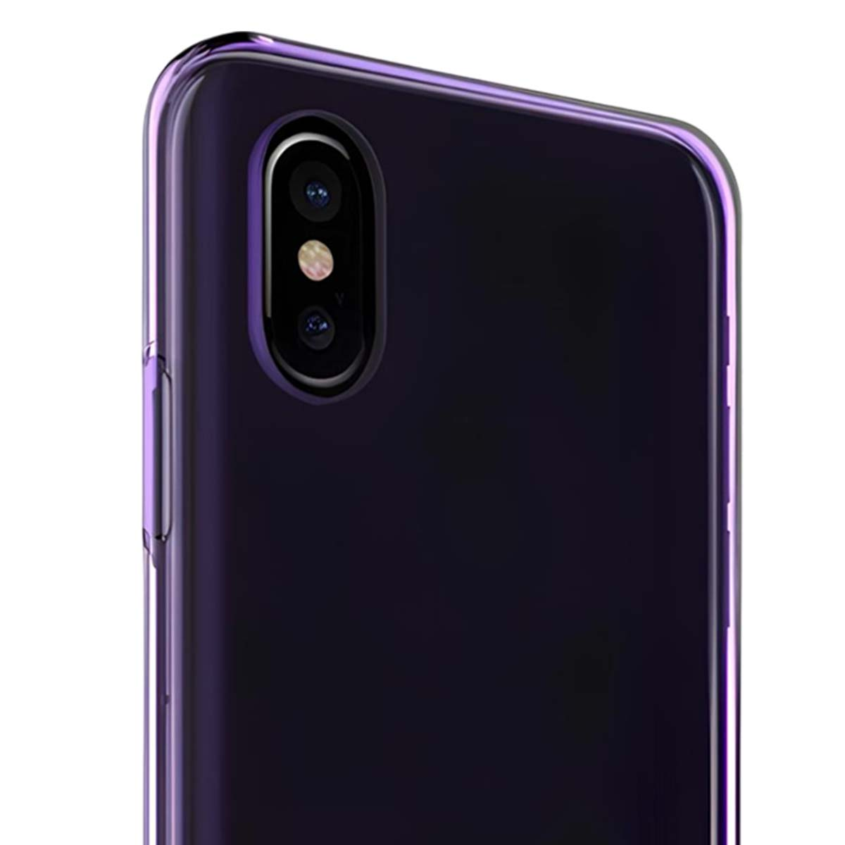 Rückseite eines violetten Smartphones mit zwei Kameras, Nahaufnahme.