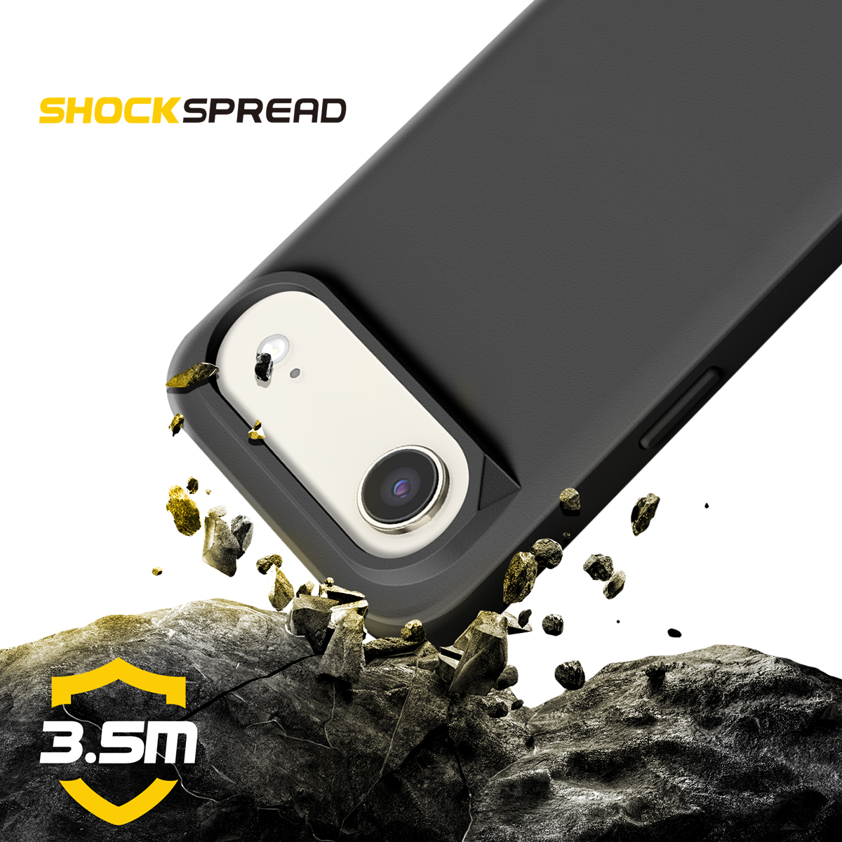 Telefono nero con protezione urti cade su rocce. Logo "SHOCK SPREAD 3.5M".