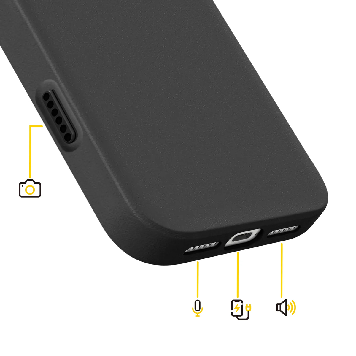 Primo piano di una custodia nera per telefono che mostra ritagli per fotocamera, microfono, porta di ricarica e altoparlante.