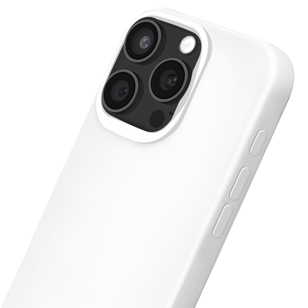 Coque de téléphone blanche avec triple appareil photo et flash.
