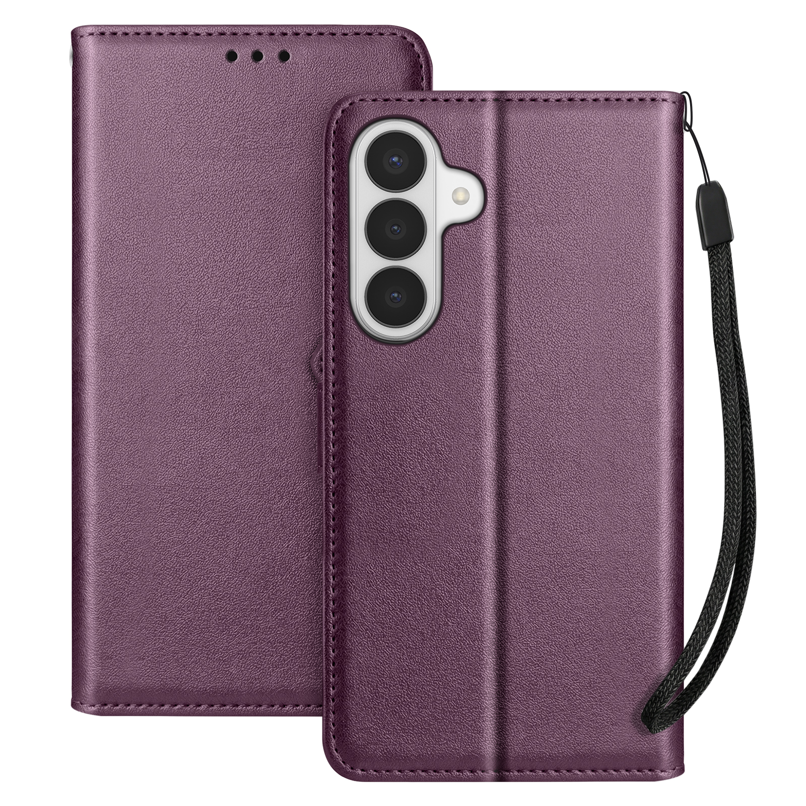 Custodia viola per telefono con protezione fotocamera e laccetto.