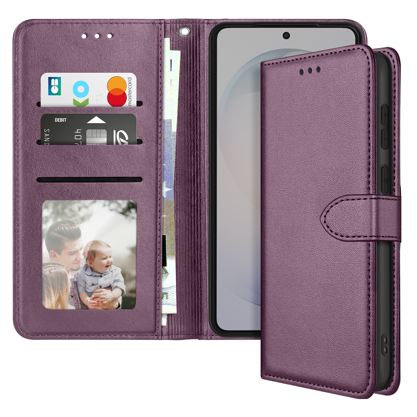 Custodia viola in pelle per telefono con slot per carte e finestra foto.