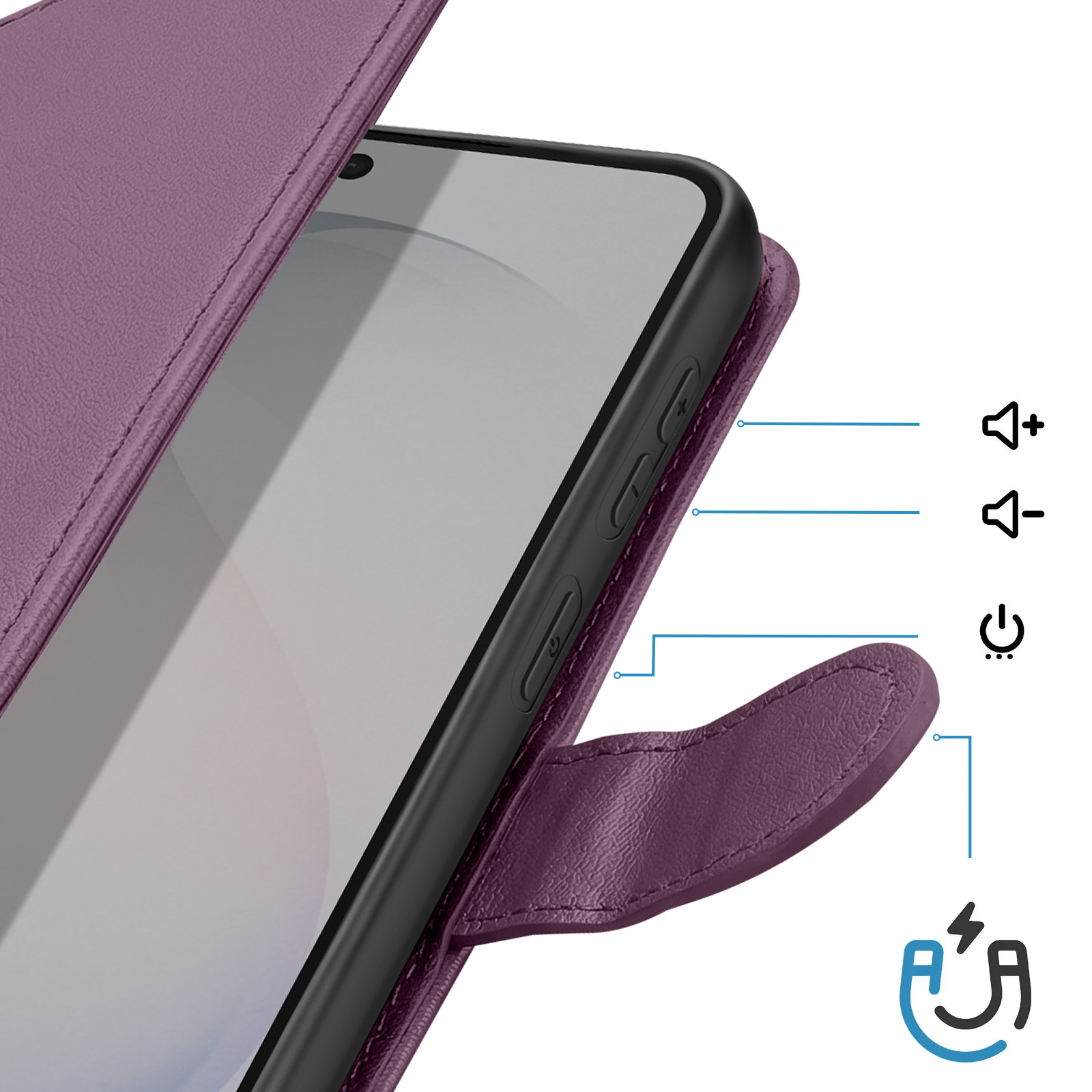 Custodia viola per telefono che mostra icone di volume, pulsanti di accensione e chiusura magnetica.