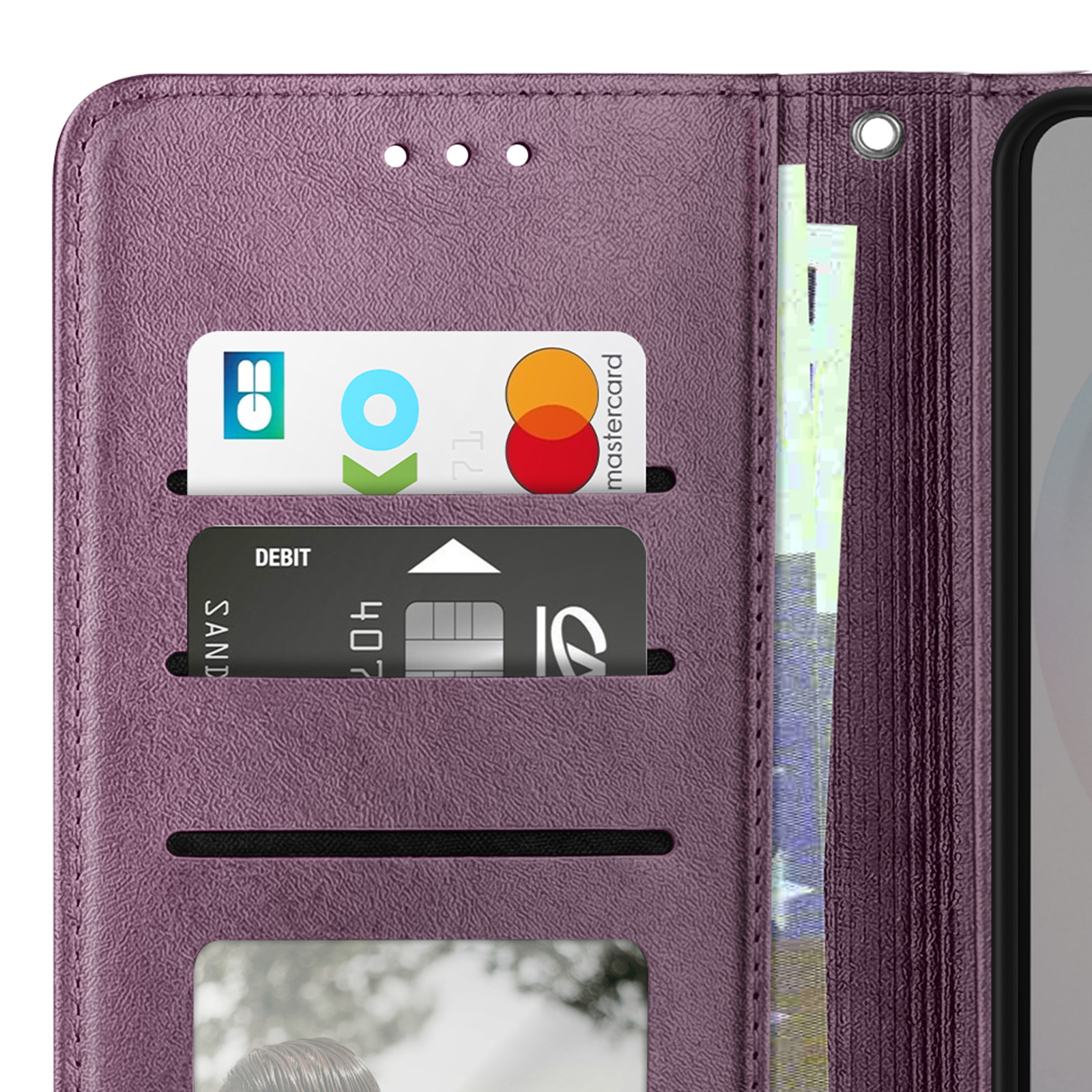 Custodia viola per telefono con fessure per carte, carta di credito e banconote.