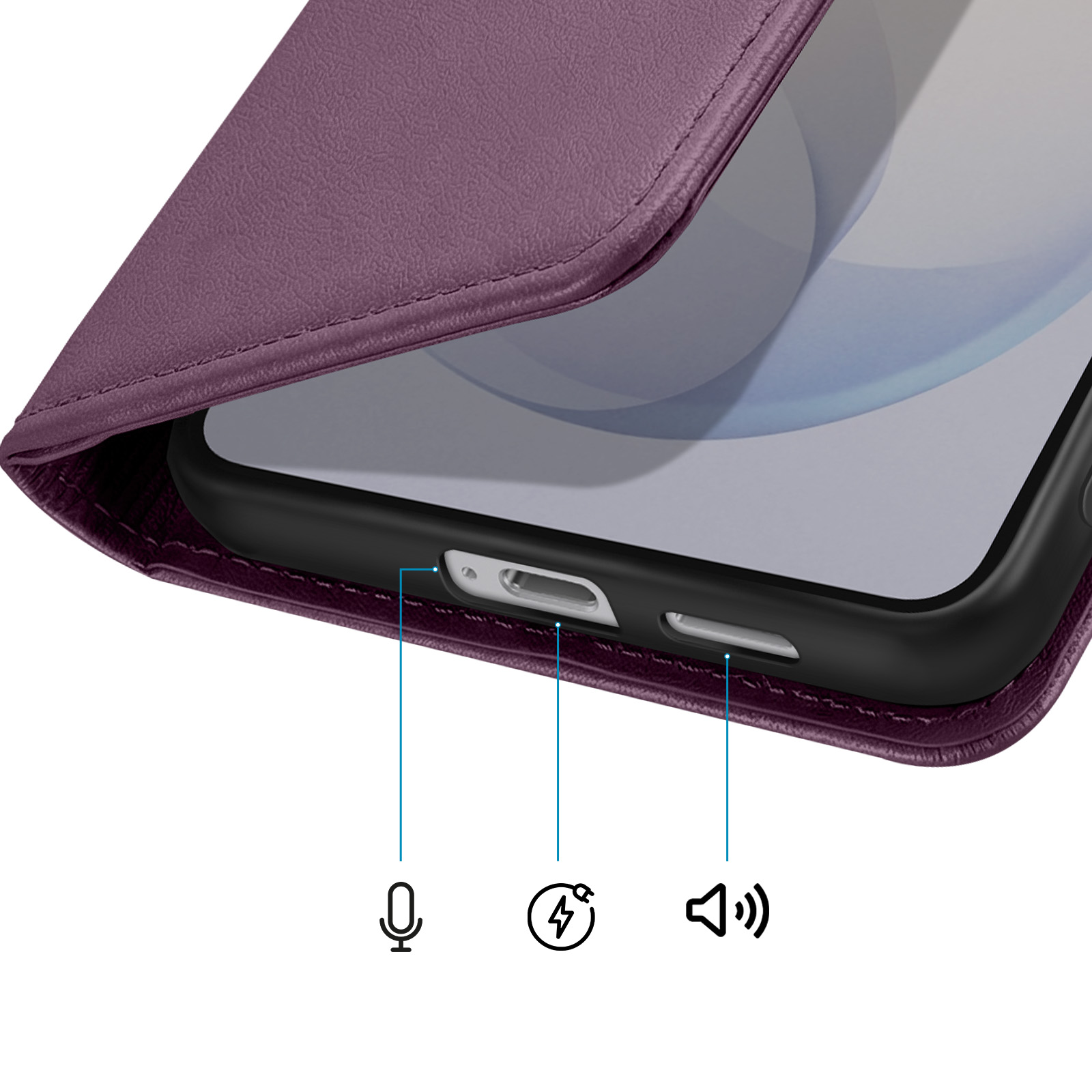 Custodia viola per telefono con microfono, porta di ricarica e tasti volume.