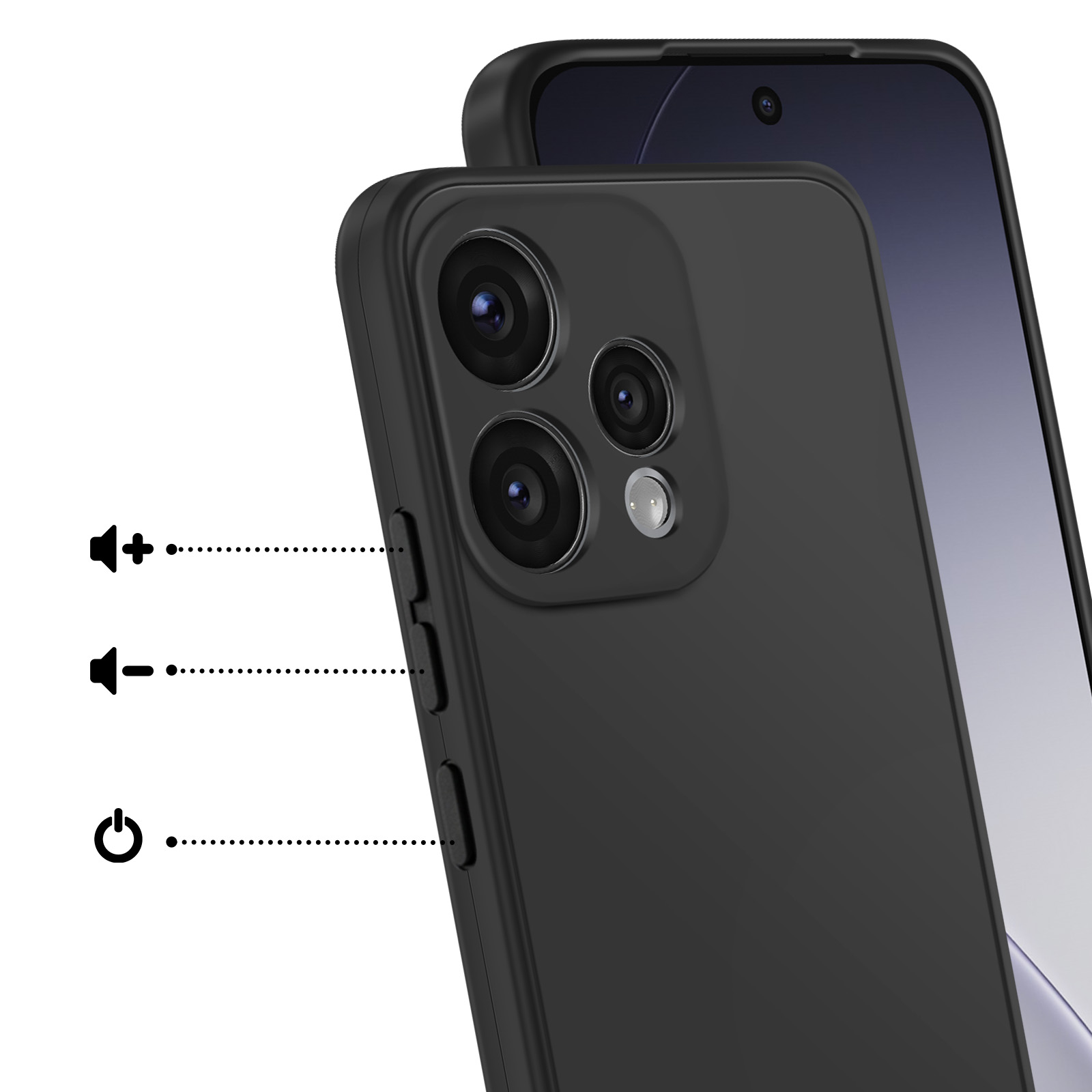 Uno smartphone nero con tre fotocamere, pulsanti e icone dell'altoparlante.