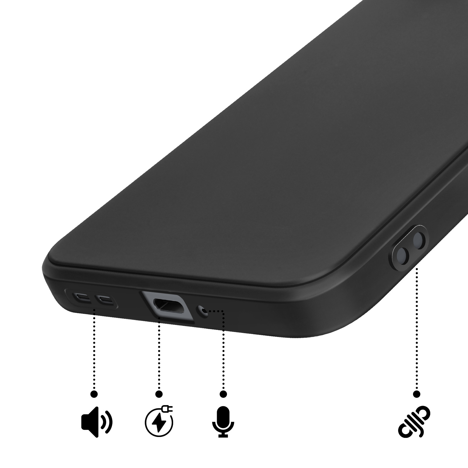 Smartphone nero con porte: altoparlante, ricarica, microfono, jack cuffie.