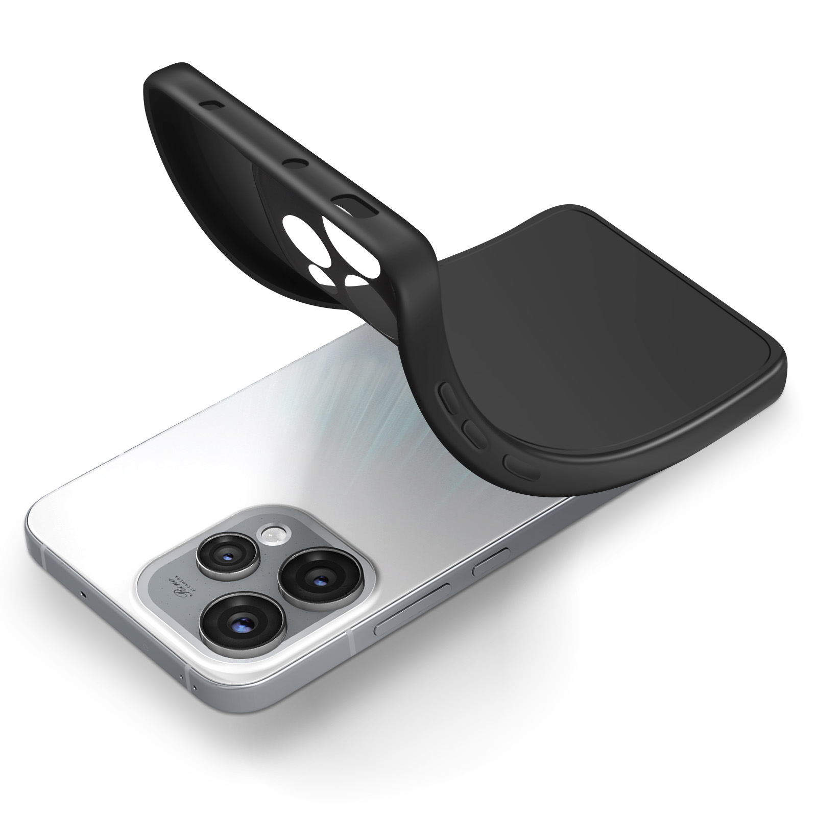 Una custodia nera per telefono è drappeggiata su uno smartphone trasparente con tre fotocamere.