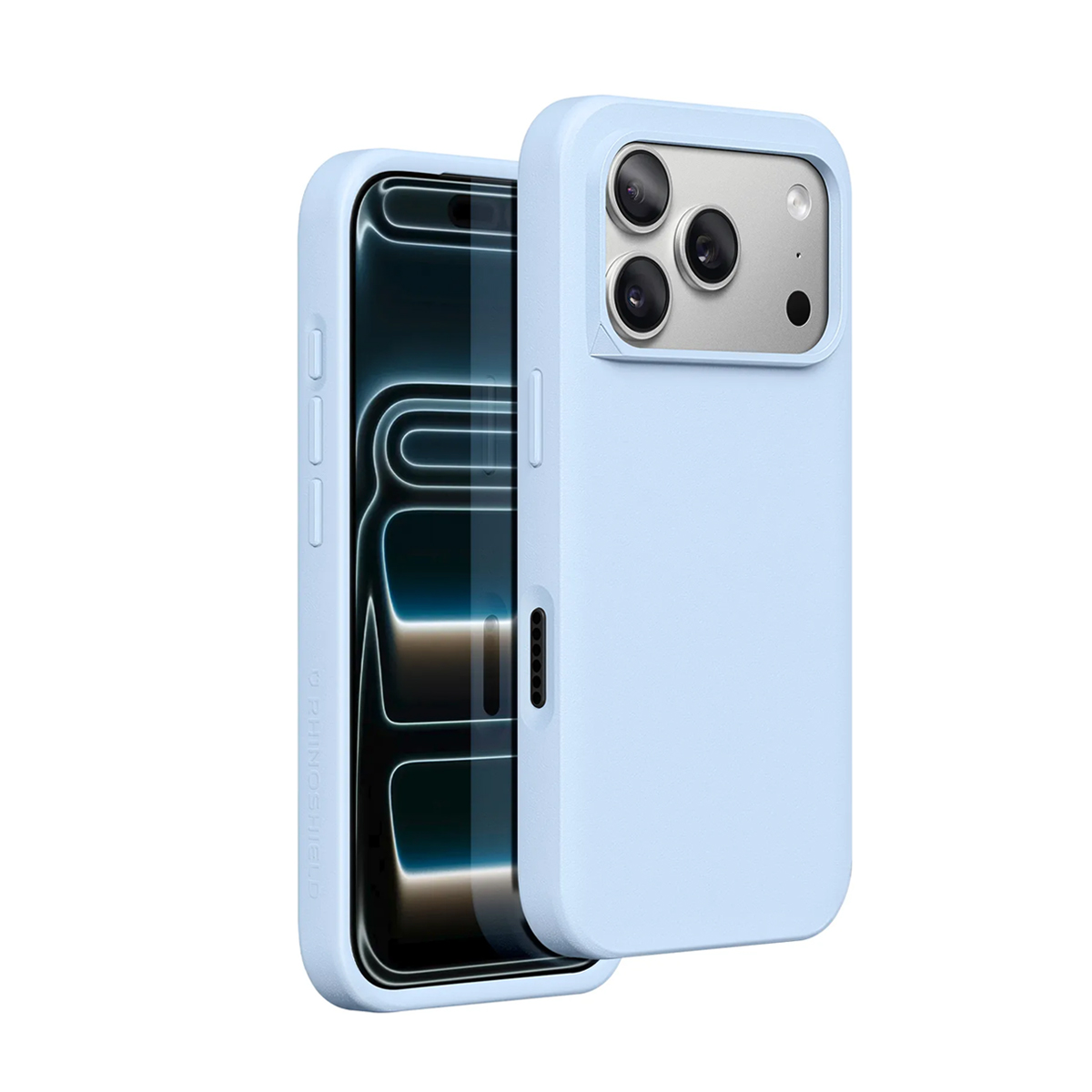 Una custodia per telefono azzurra con tre obiettivi e uno schermo.