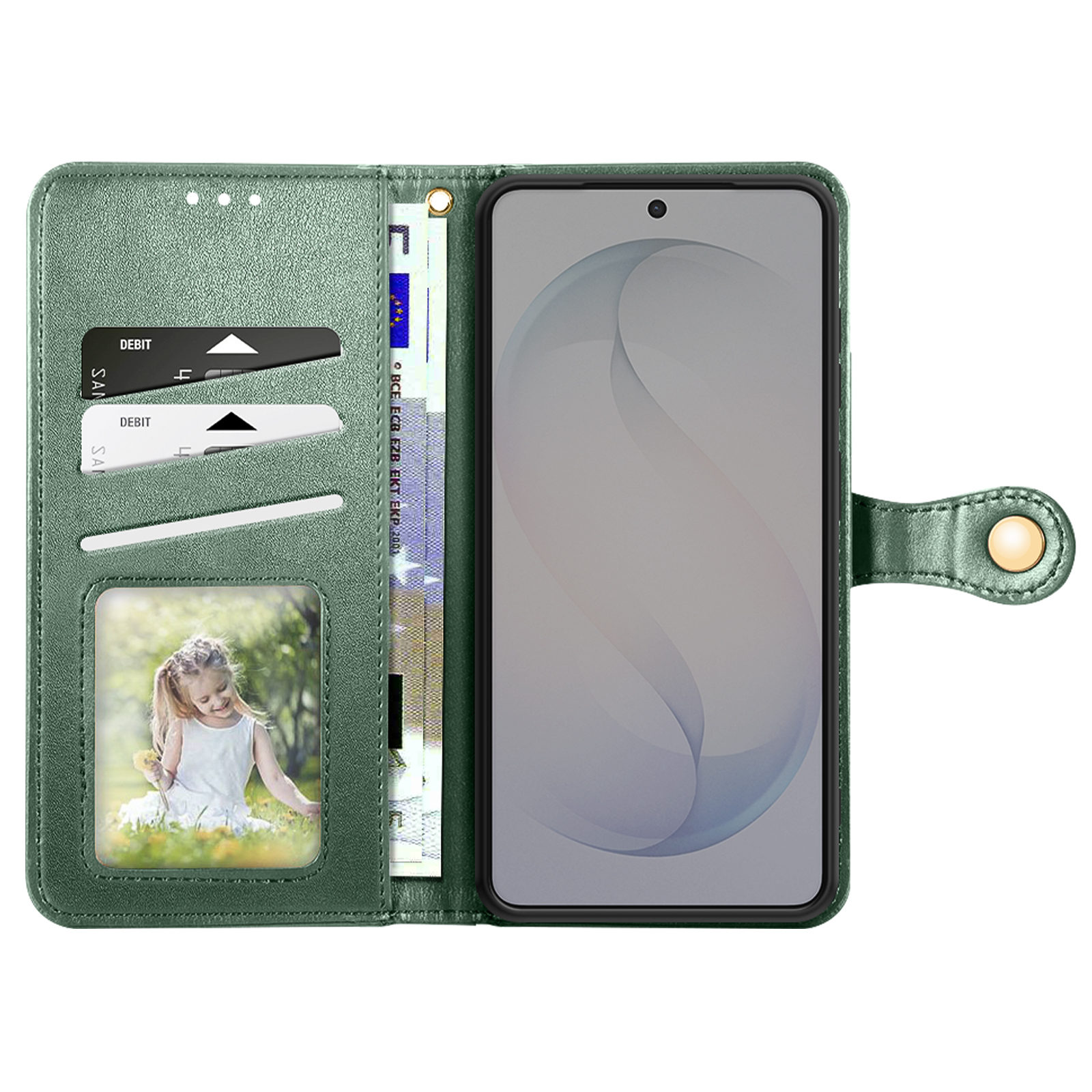 Custodia verde per telefono con slot per carte, banconote e foto di una bambina.