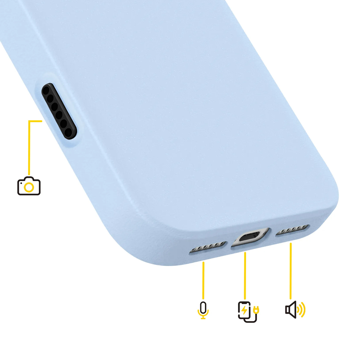 Custodia per telefono azzurra con ritagli per fotocamera, microfono, porta di ricarica, altoparlante.