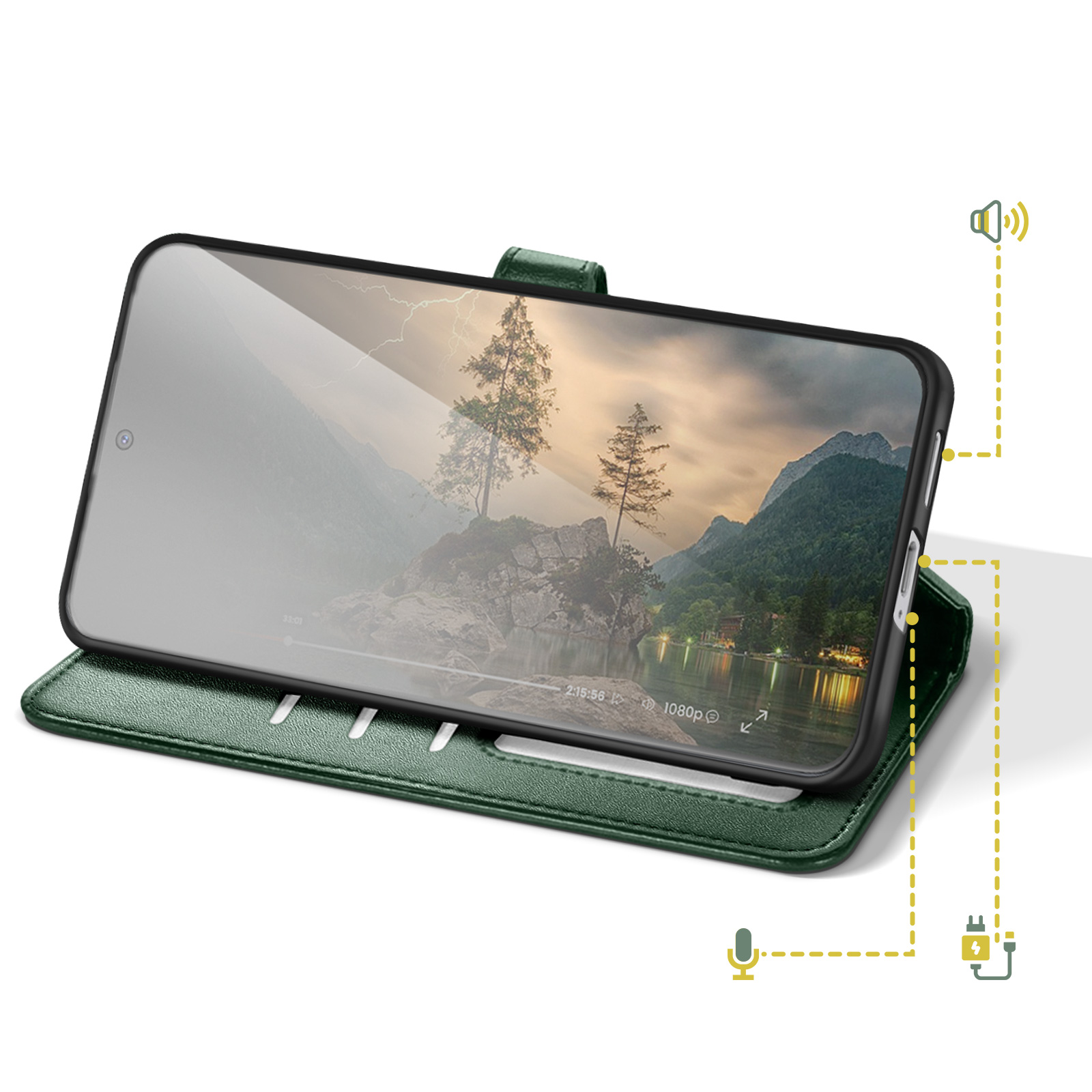 Un telefono verde in una custodia che mostra una scena di paesaggio montano.