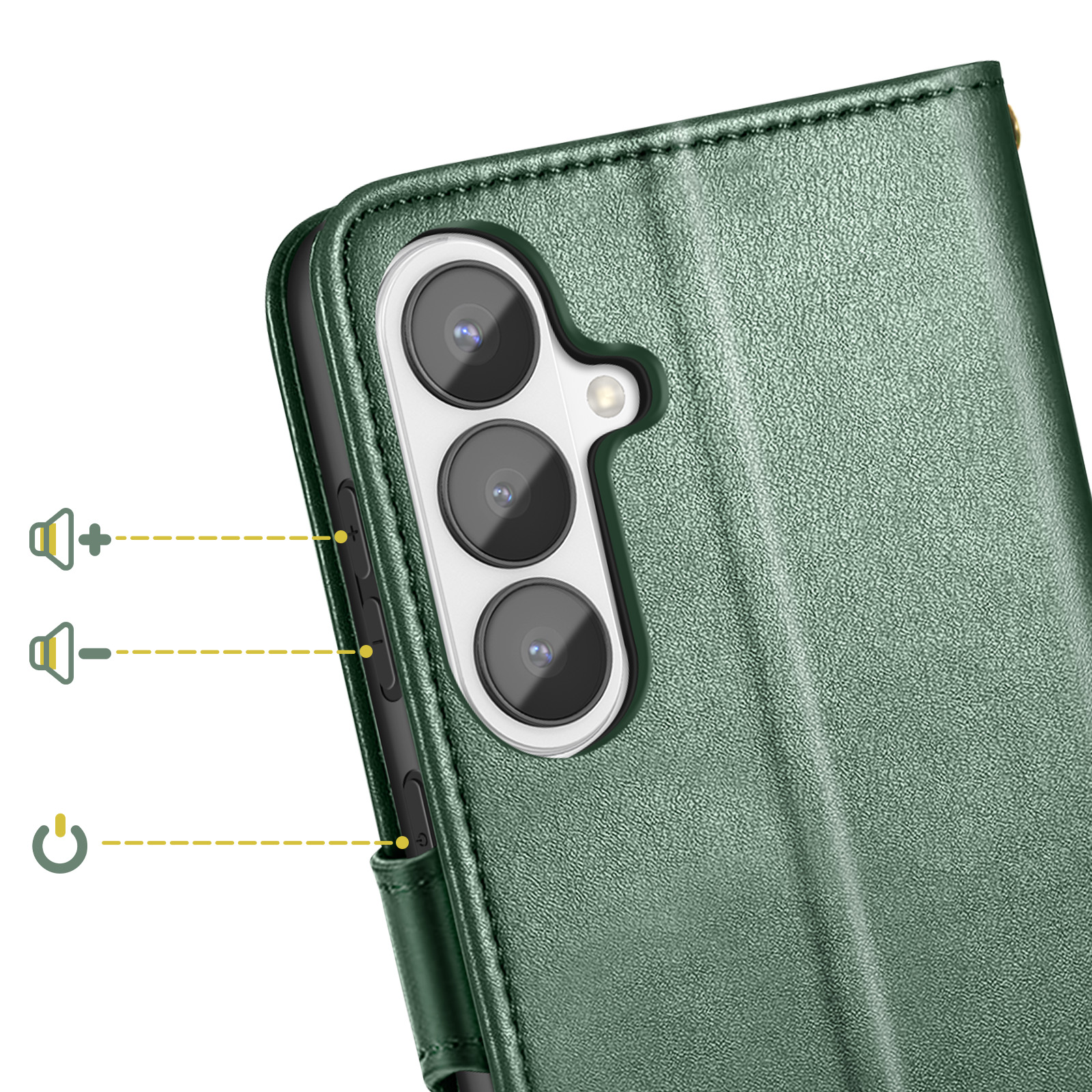 Custodia verde per telefono con modulo fotocamera e pulsanti volume/accensione.