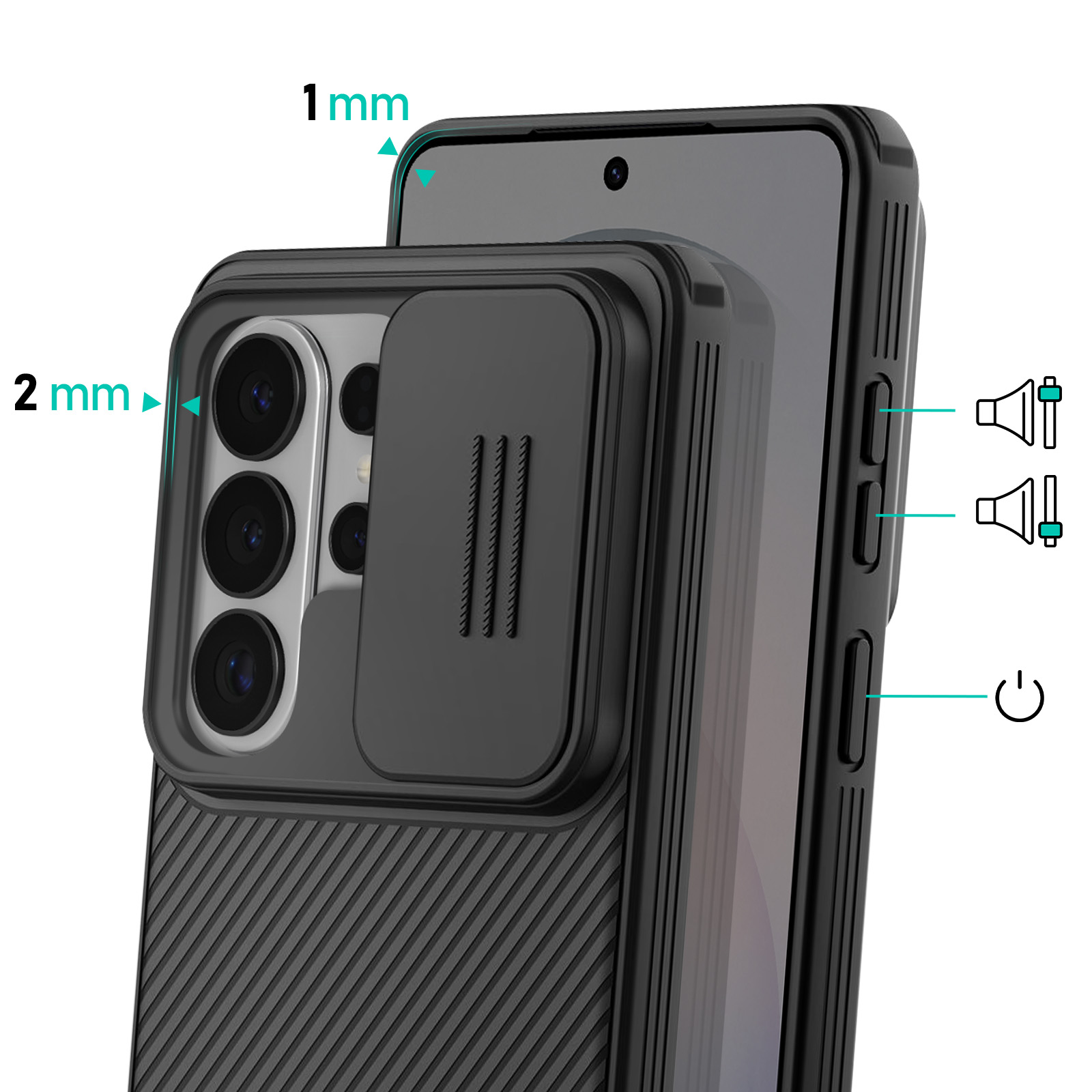 Custodia nera per telefono con copri-fotocamera, cursore e pulsanti.