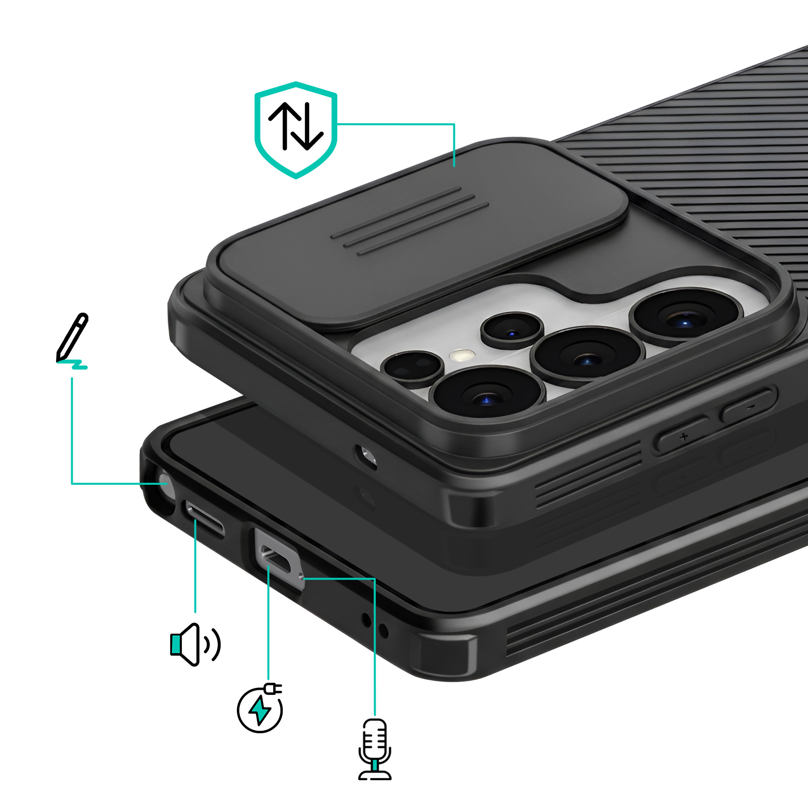 Custodia nera per telefono con copri-fotocamera, porta-stylus e icone per altoparlante, caricatore, microfono.