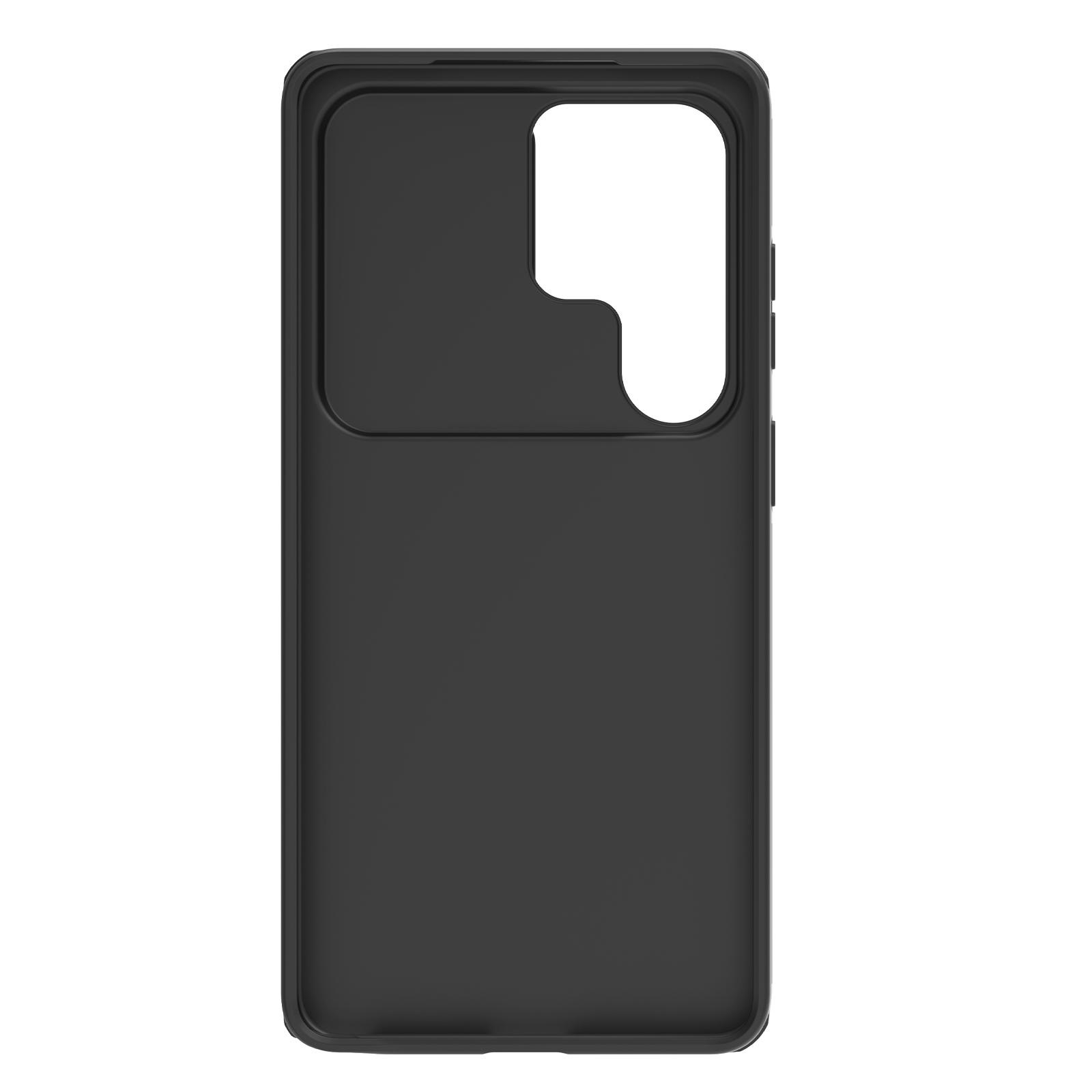 Custodia nera per telefono con ritaglio per obiettivo fotocamera e pulsanti.