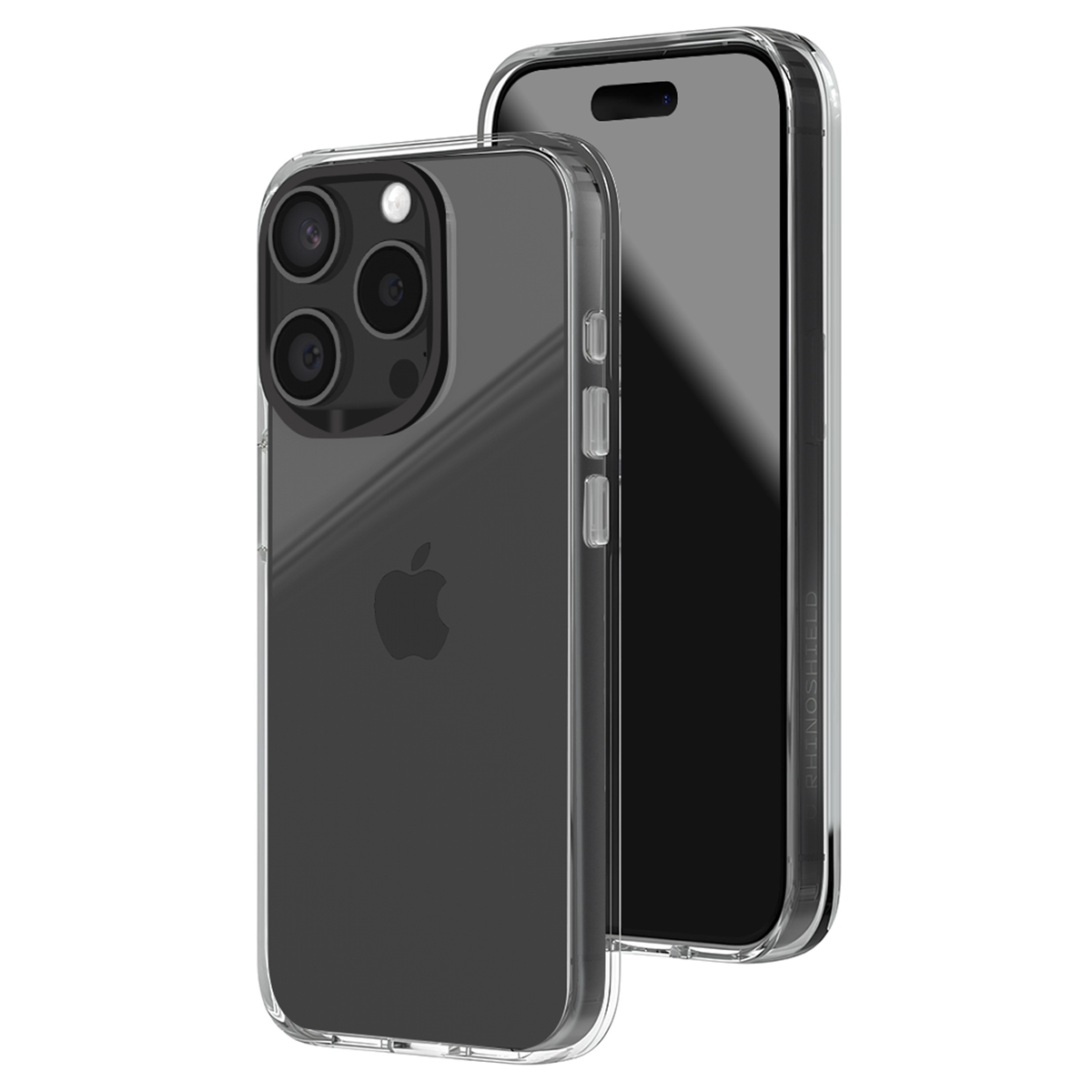 Custodia trasparente per iPhone con tre fotocamere e logo Apple.