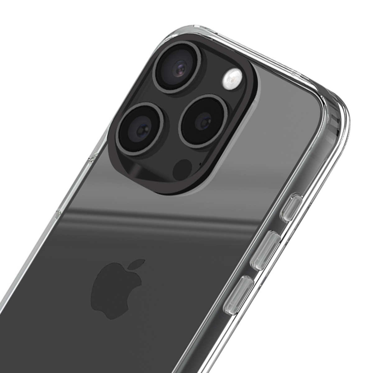 Vista posteriore di una custodia trasparente per iPhone con sistema a tripla fotocamera e logo Apple.