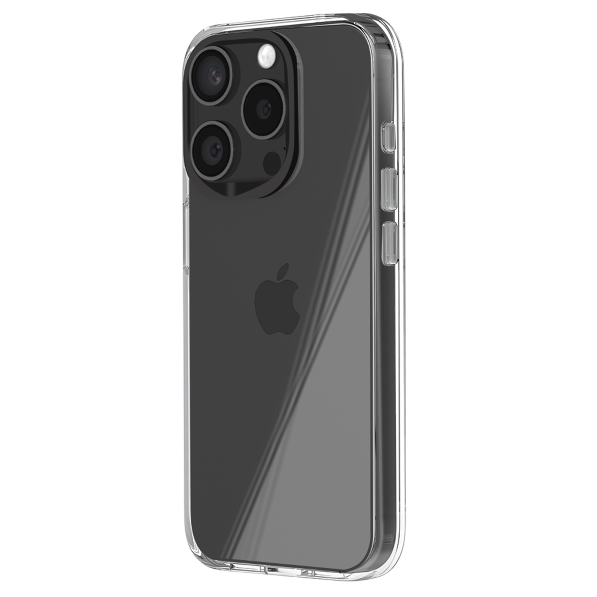 Custodia trasparente per iPhone con tripla fotocamera e logo Apple.