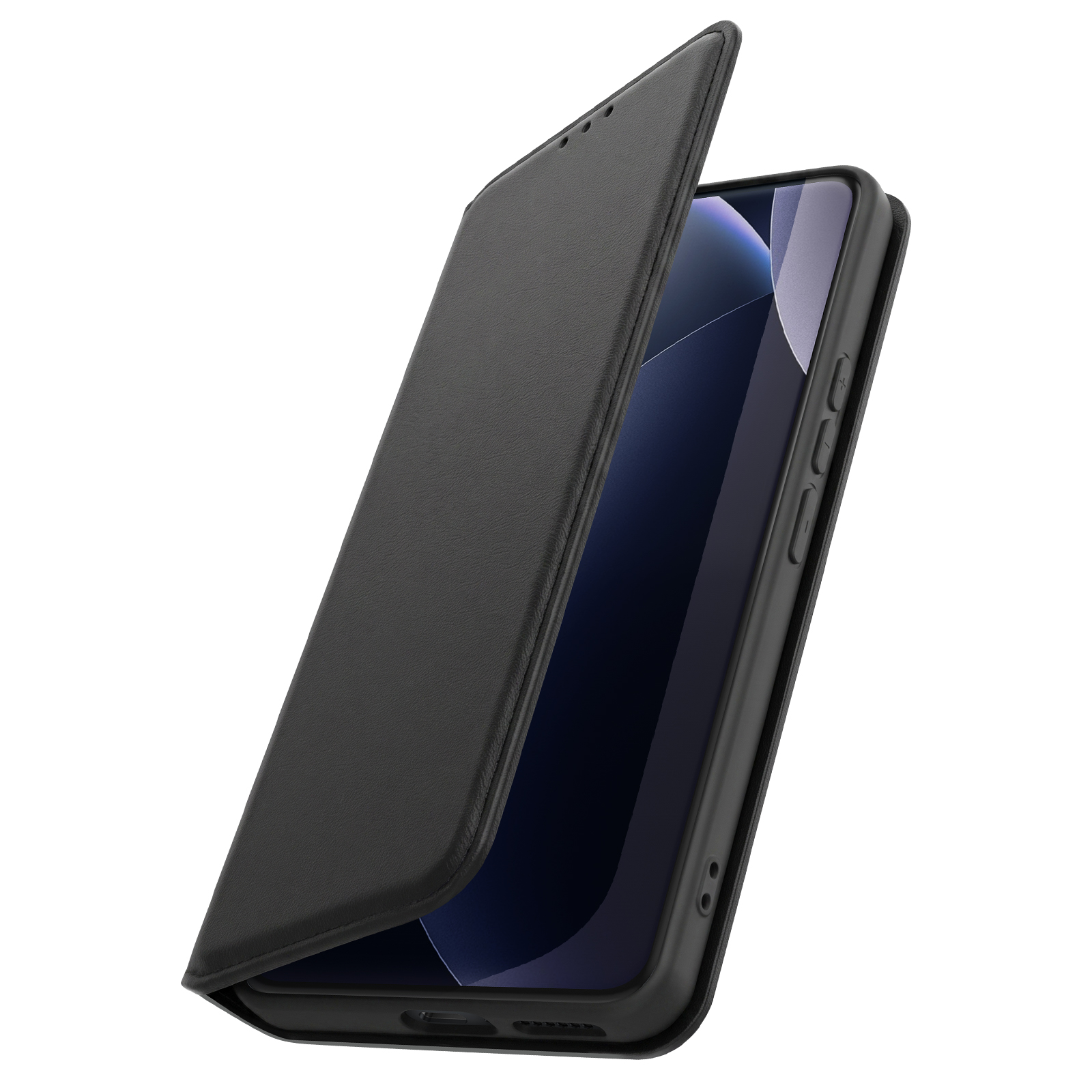 Smartphone nero con custodia a libro in pelle aperta su sfondo bianco.