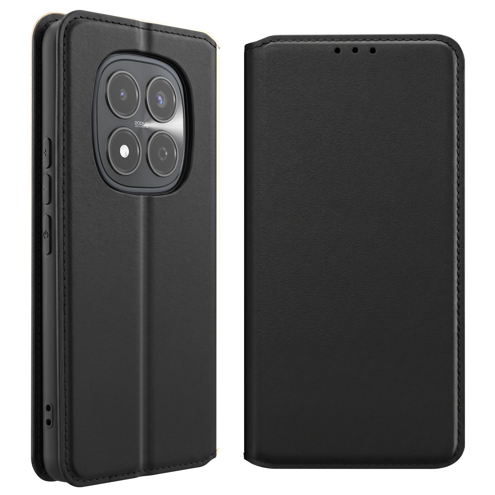 Custodia a libro in pelle nera per smartphone, mostra il retro con quattro fotocamere.