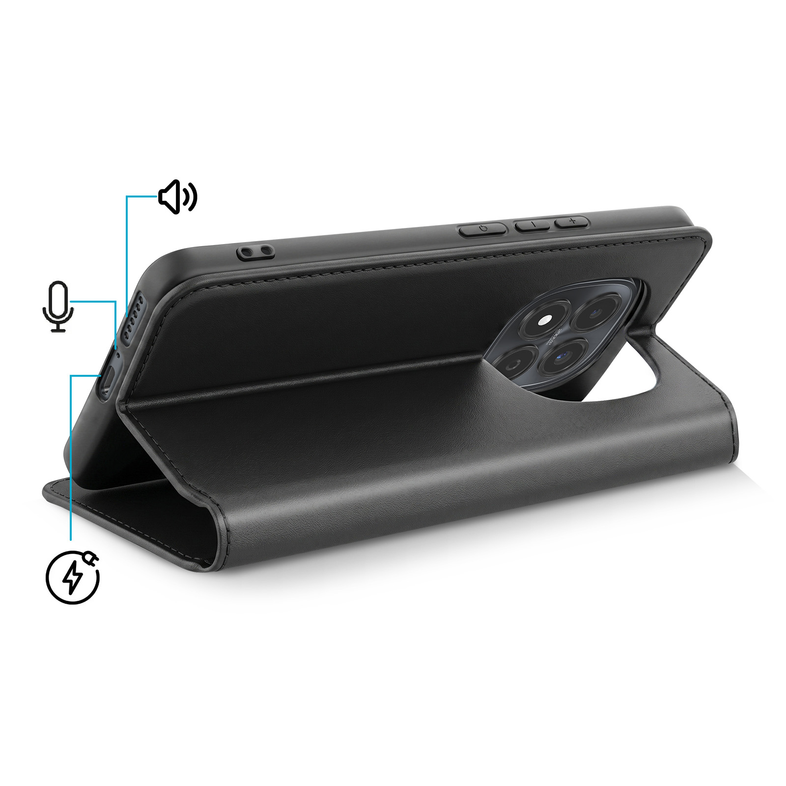 Telefono nero con custodia in pelle aperta, fotocamera posteriore visibile.