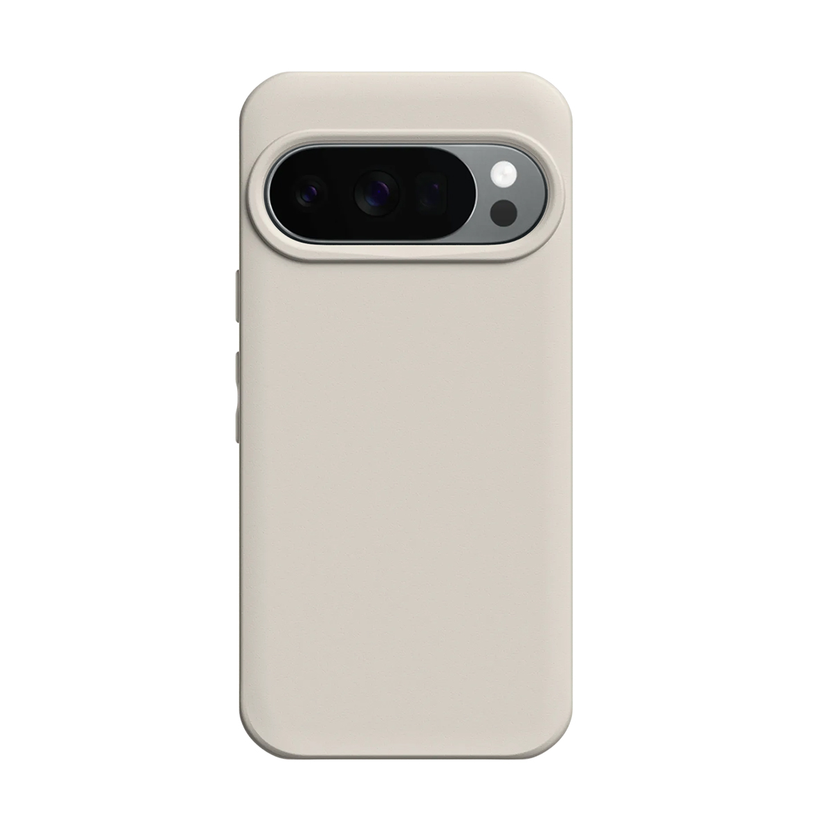 Custodia beige per smartphone con tre obiettivi e flash.