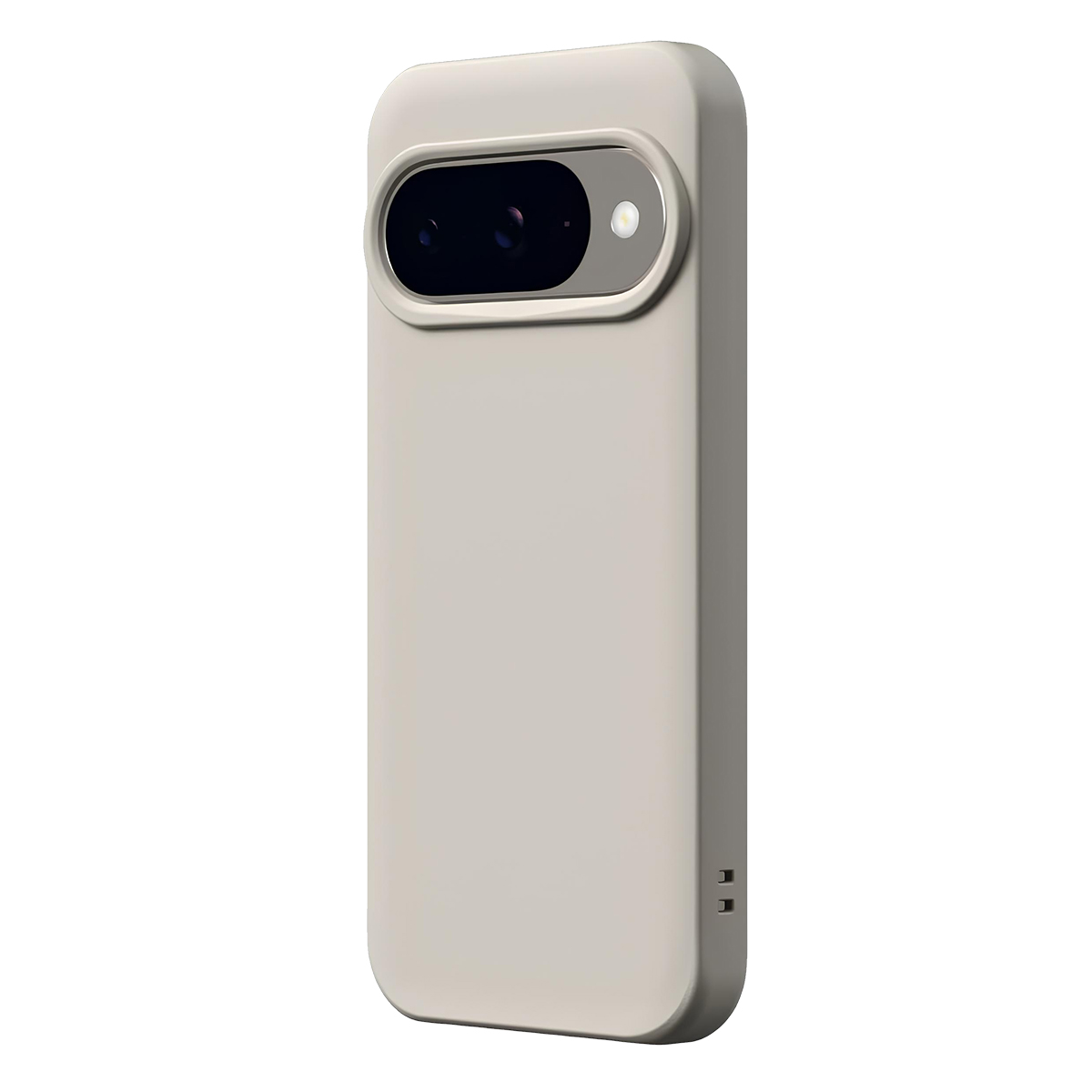 Uno smartphone grigio chiaro con due fotocamere e un flash sul retro.